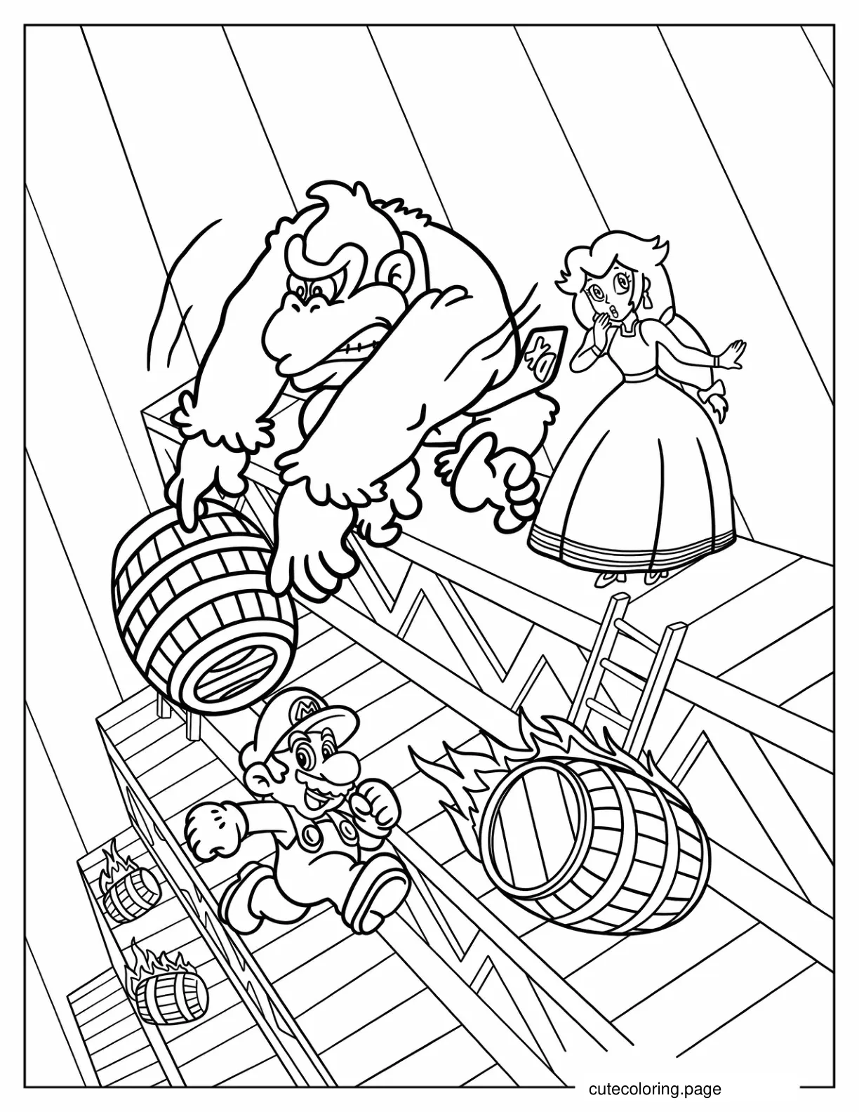 Donkey Kong Throwing Barrels At Super Mario To Color coloring page