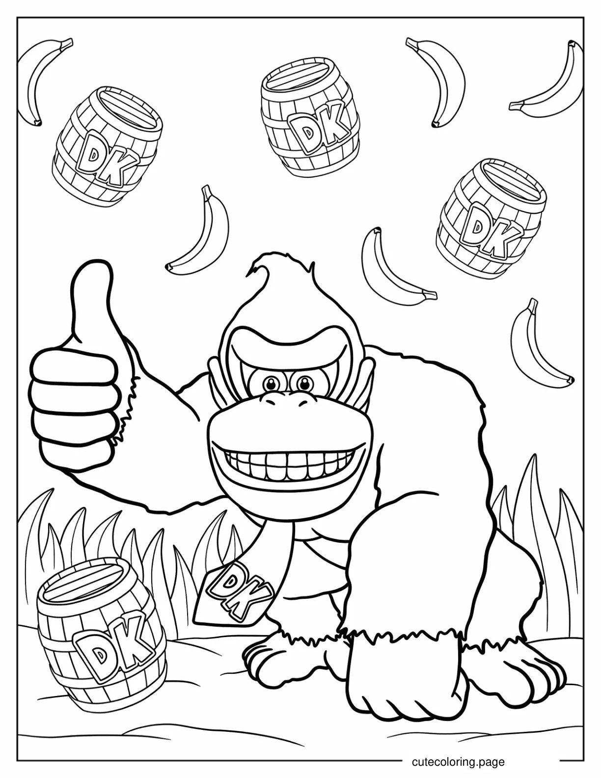 Donkey Kong With Bananas And Barrels To Color coloring page