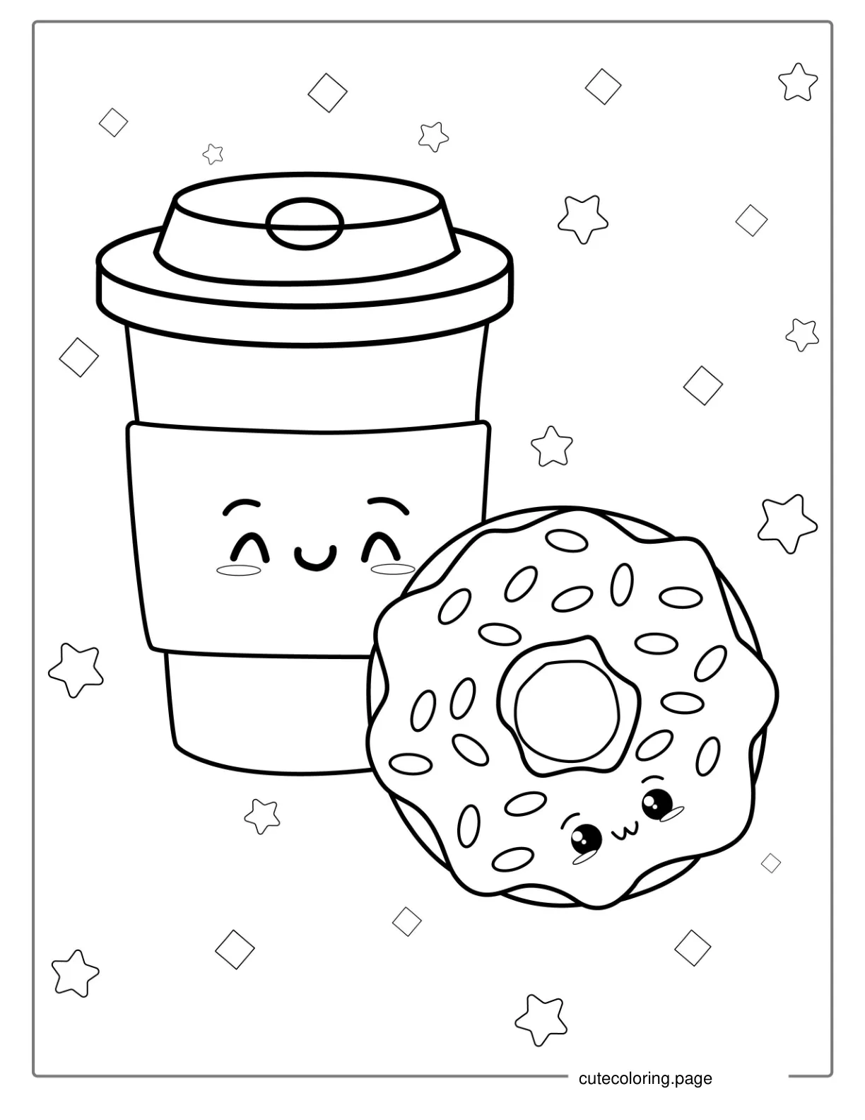 Smiling Donut And Coffee Coloring Page For Kids coloring page