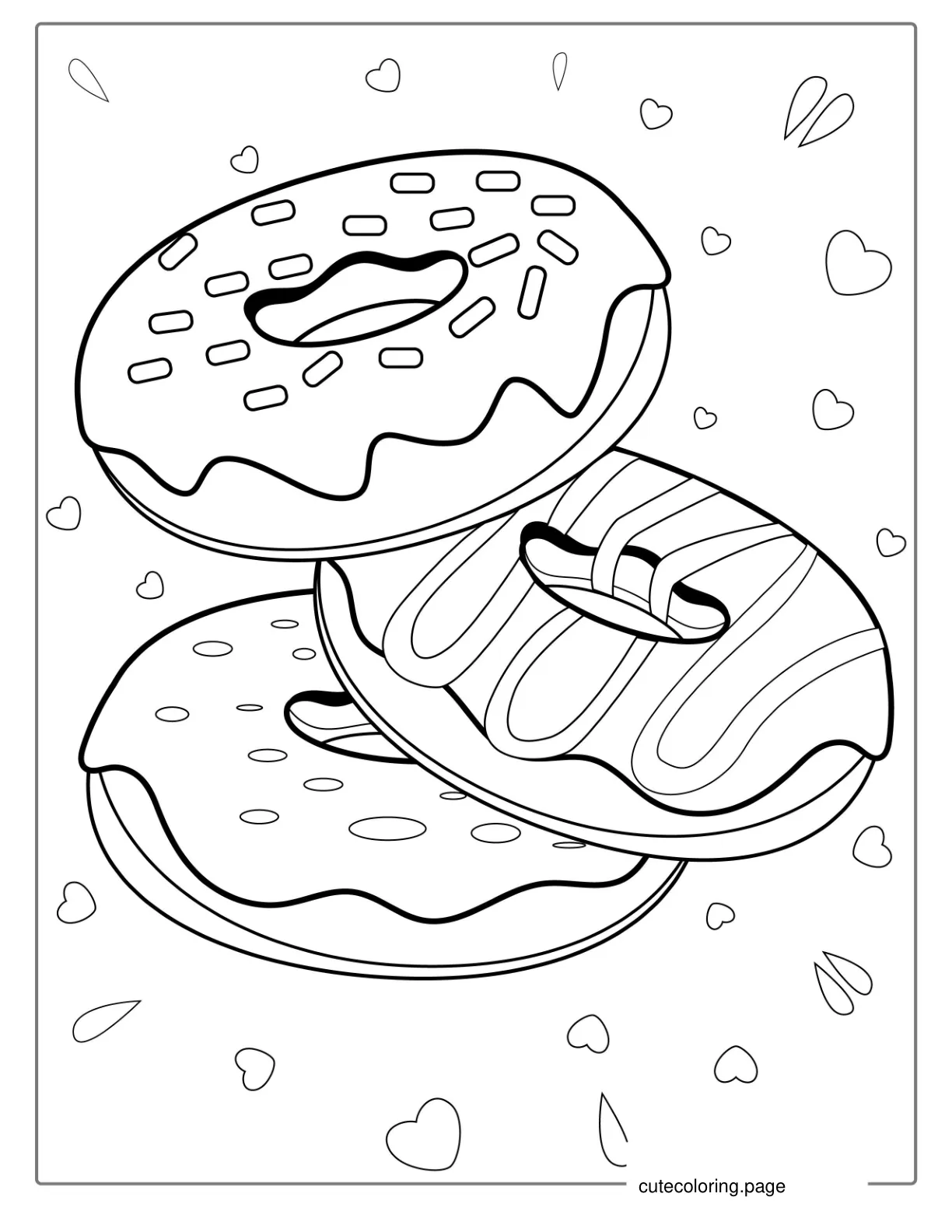 Three Donuts With Glazed Chocolate and Sprinkles coloring page