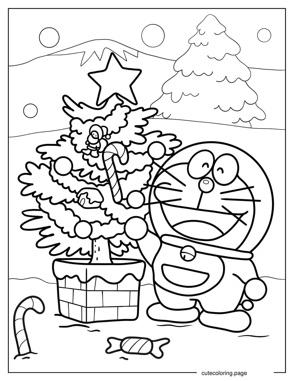 Coloring Page Of Doraemon With Christmas Tree coloring page