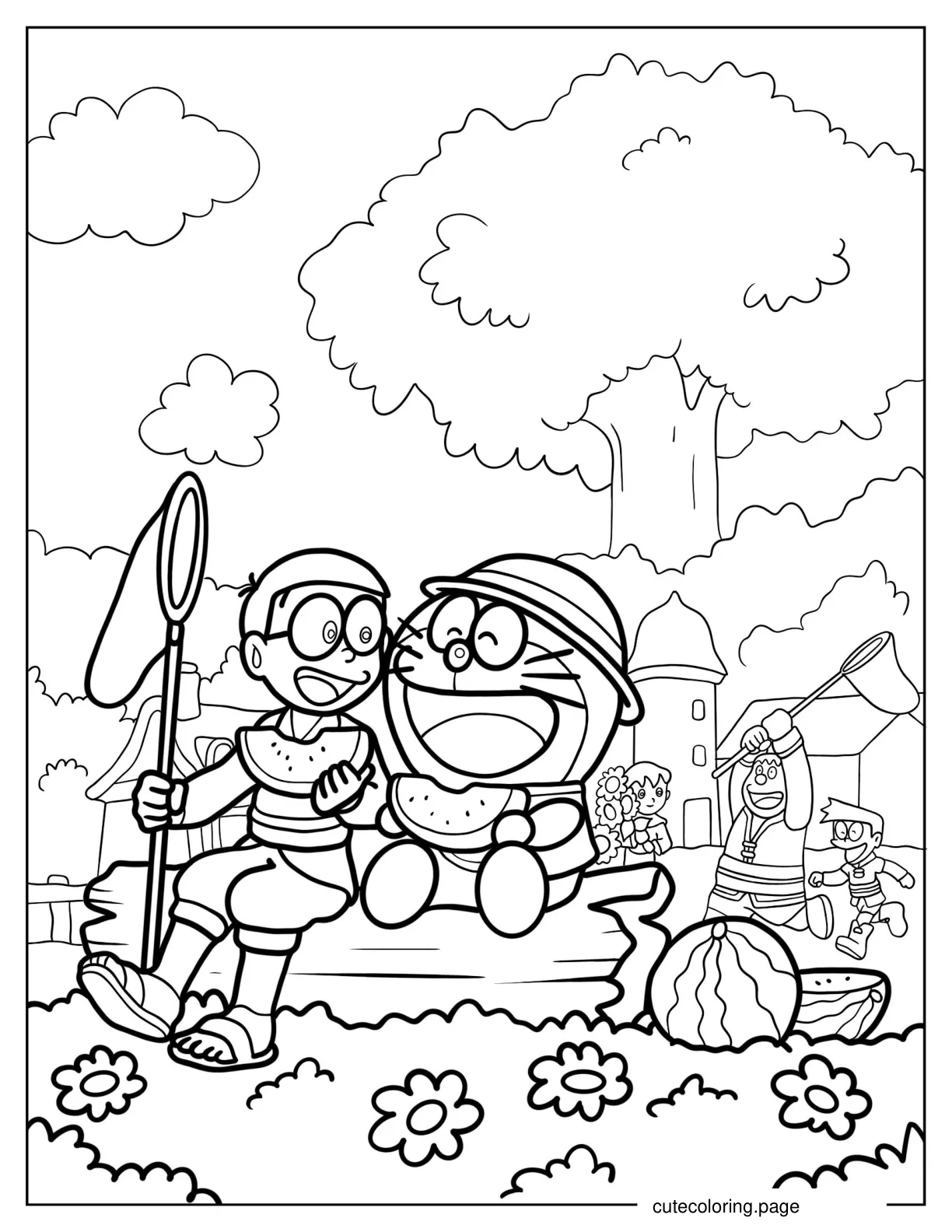 Doraemon Nobita and Friends Eating Watermelon In Summer coloring page