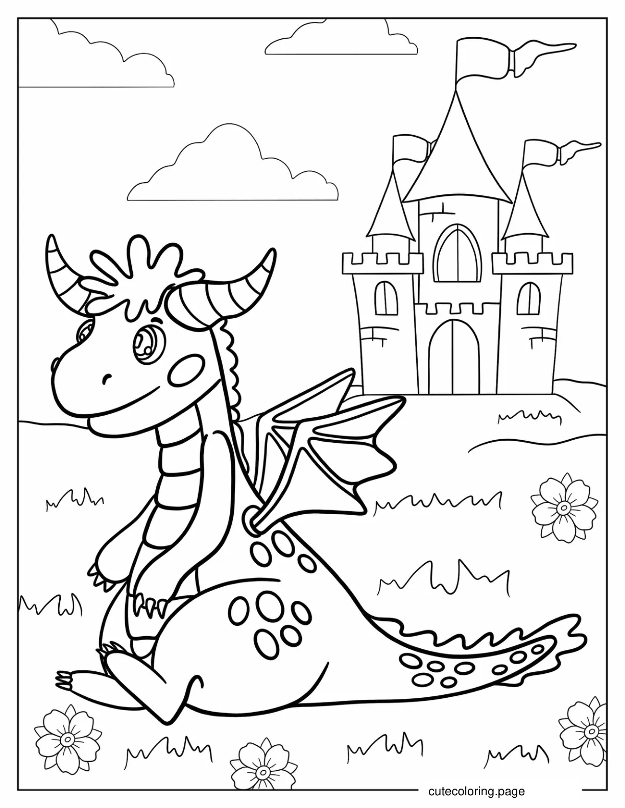 Coloring Sheet Of Dragon Next To Castle For Preschoolers coloring page