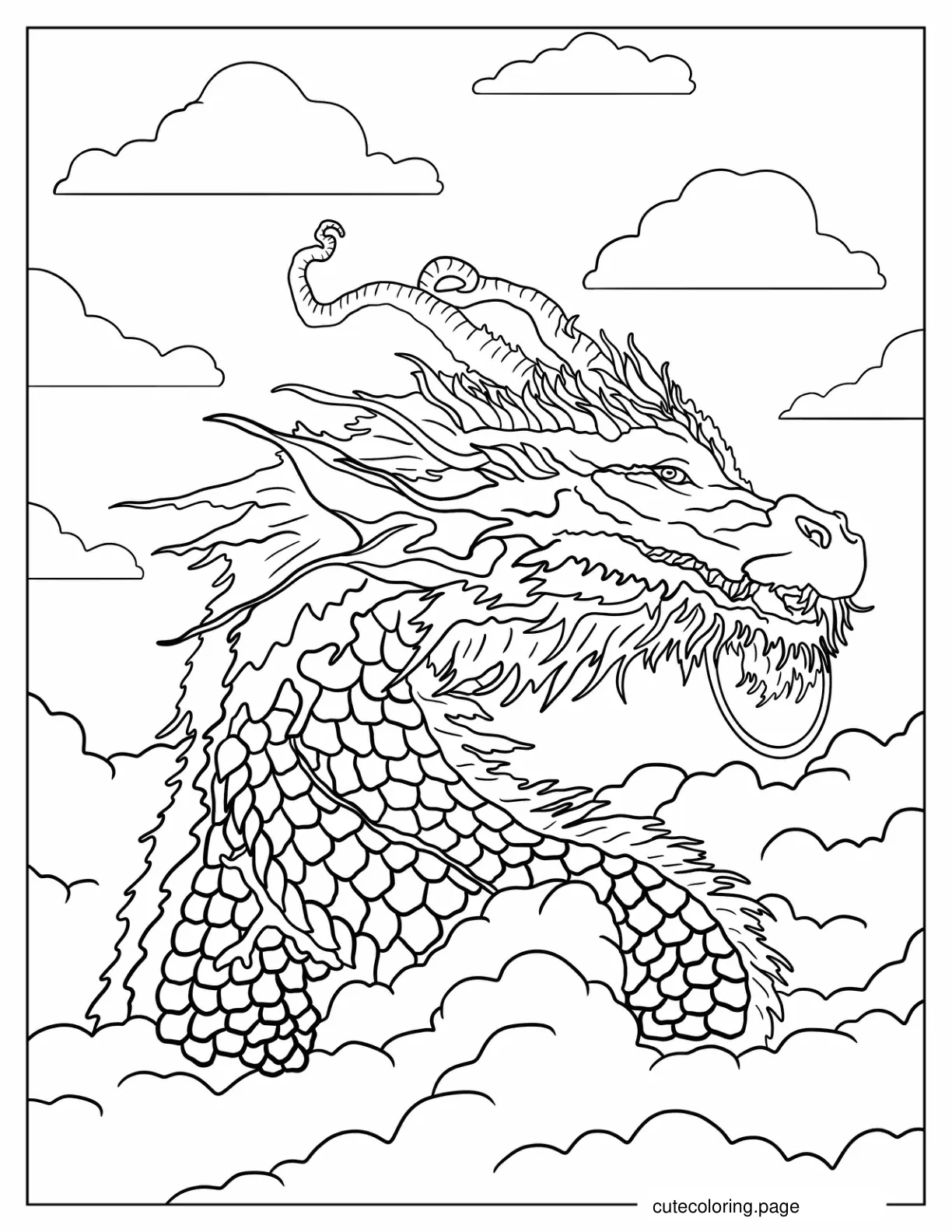 Detailed Magical Dragon In The Clouds coloring page