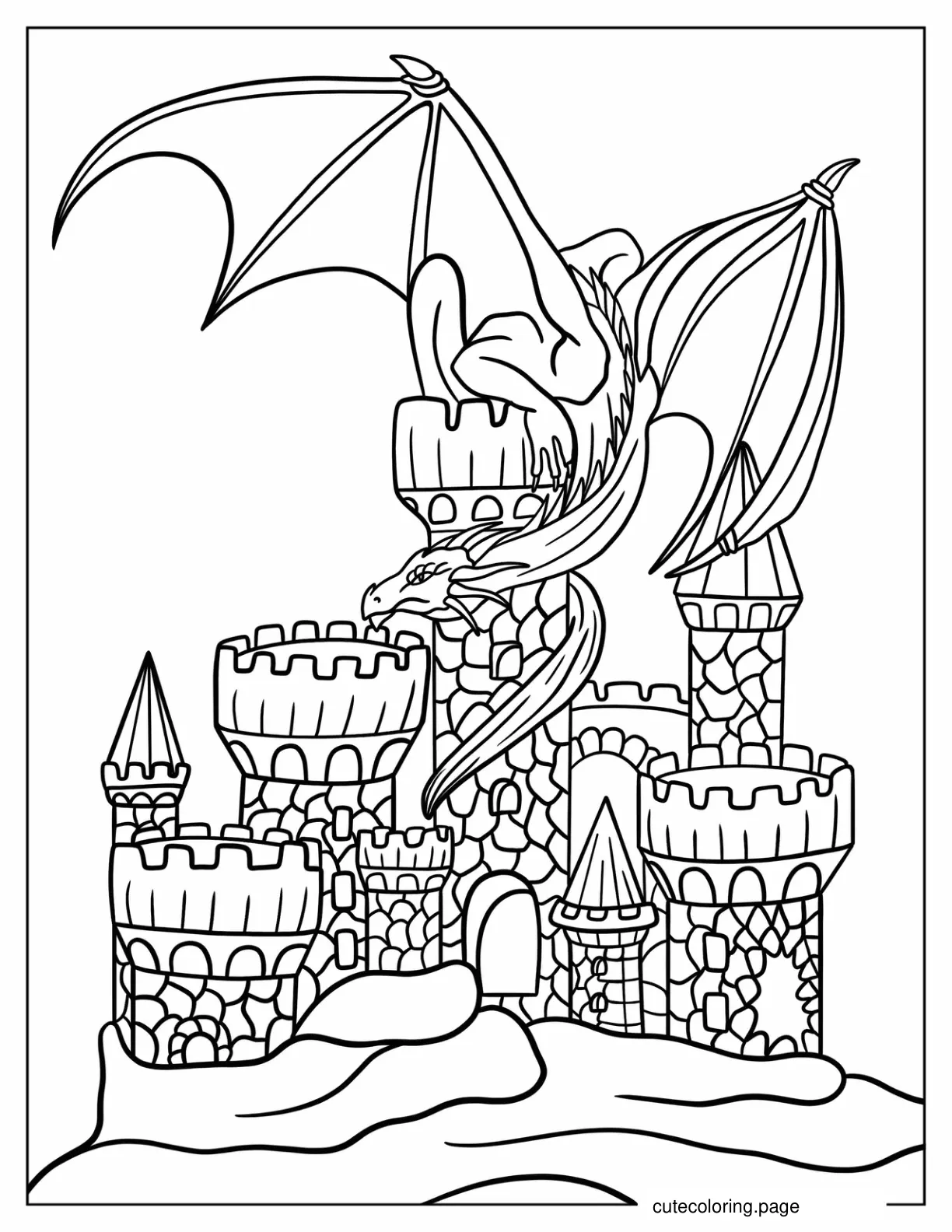 Dragon On Top Of Medieval Castle To Color coloring page