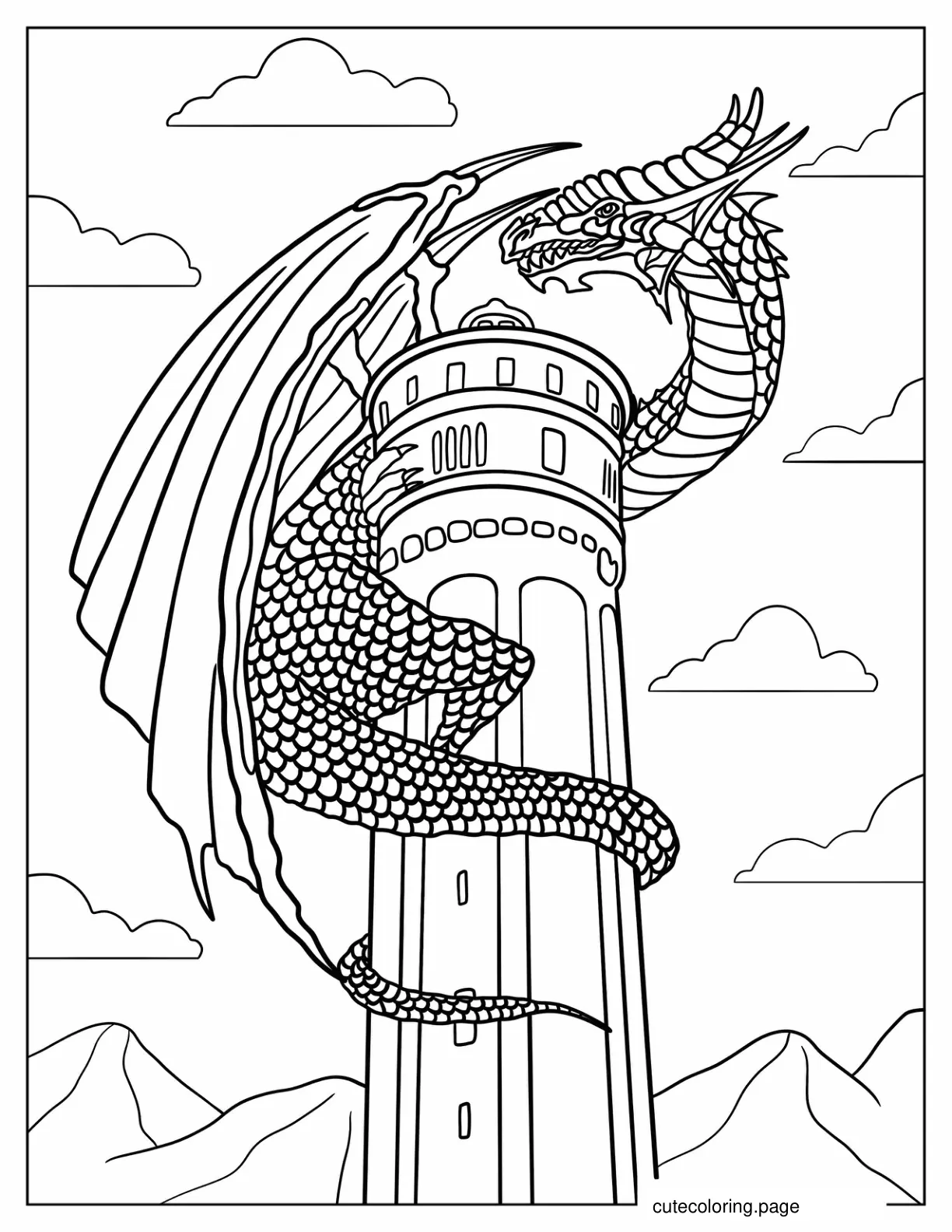 Dragon With Large Scales Wrapped Around Castle Tower coloring page