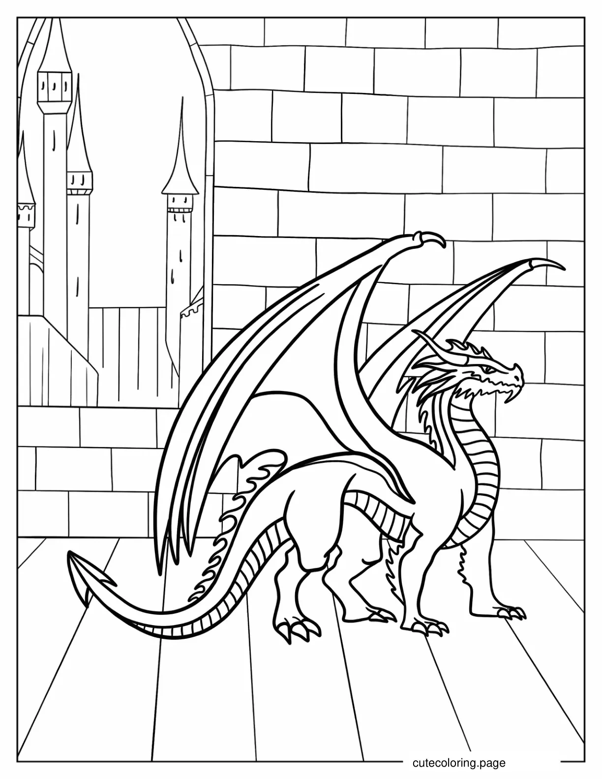 Fierce Looking Dragon Next To Castle coloring page