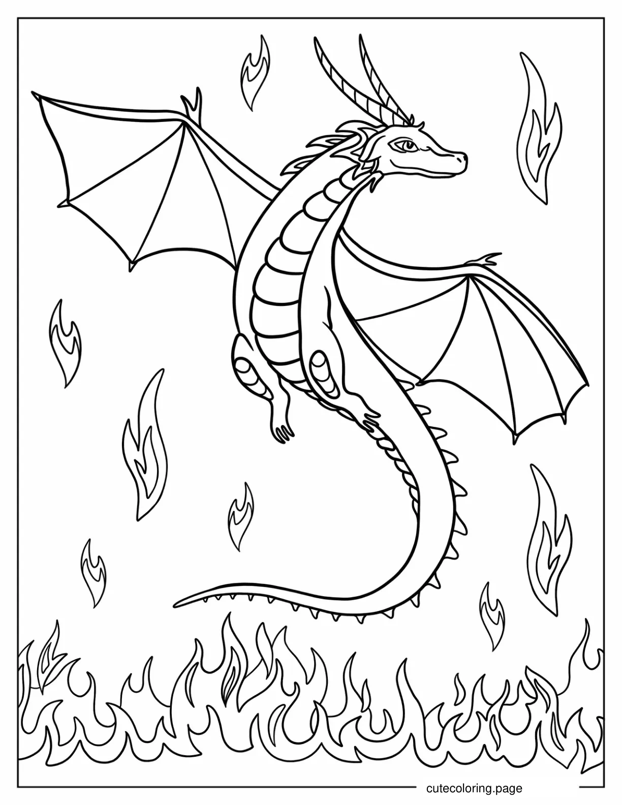 Flying Dragon To Color With Flames coloring page