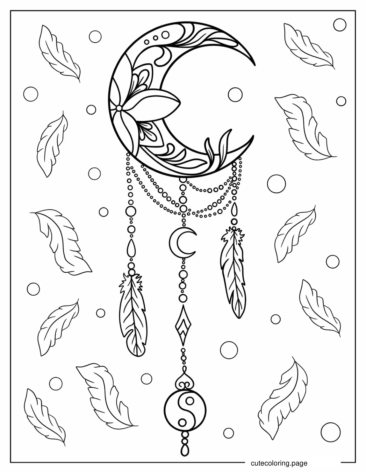 Coloring Sheet Of Moon Dreamcatcher With Yin And Yang coloring page