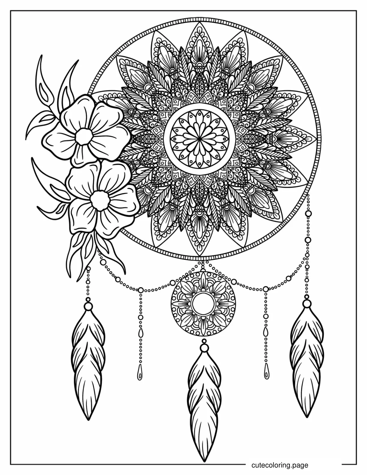 Intricate Flower Mandala Dreamcatcher coloring page