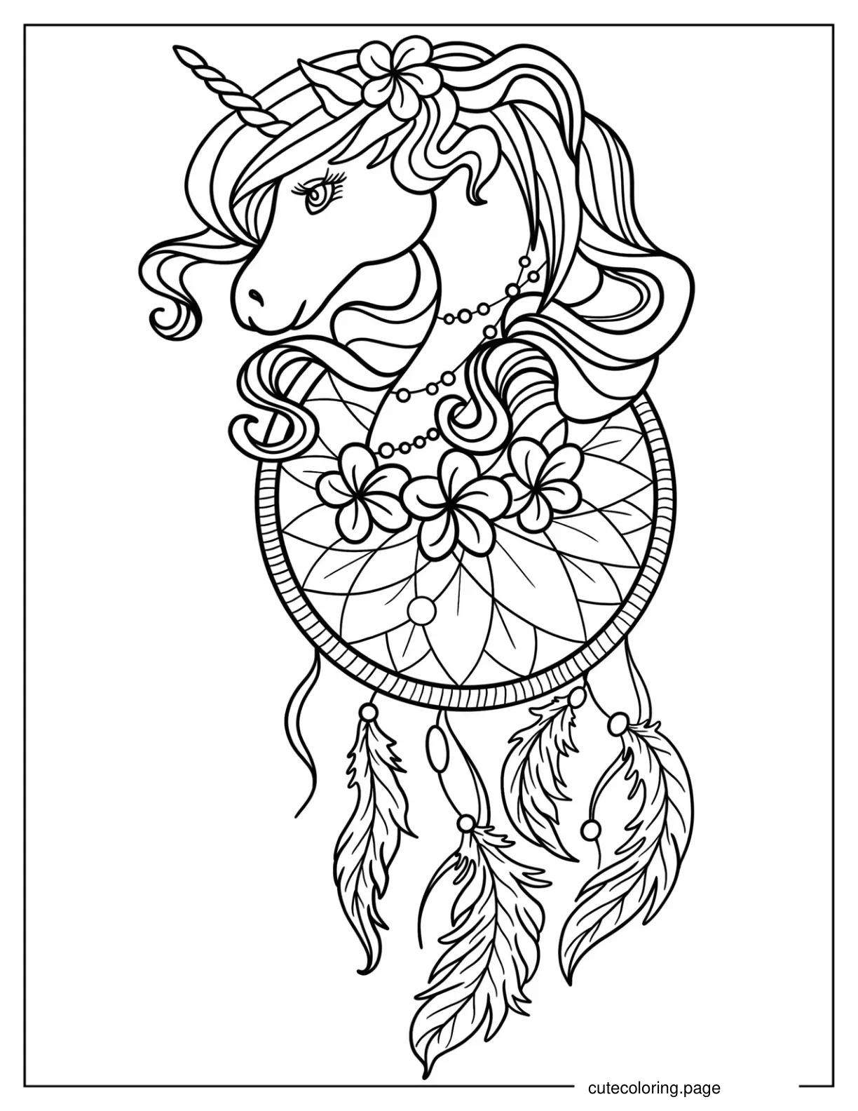 Kawaii Unicorn Dreamcatcher Coloring In For Kids coloring page