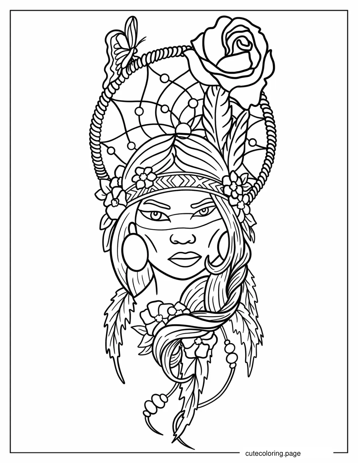 Native American Girl With Dreamcatcher coloring page