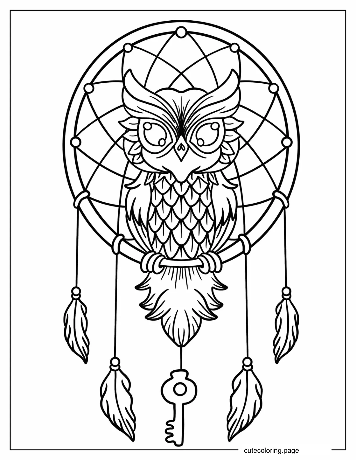 Owl And Key Dreamcatcher Coloring In For Preschoolers coloring page