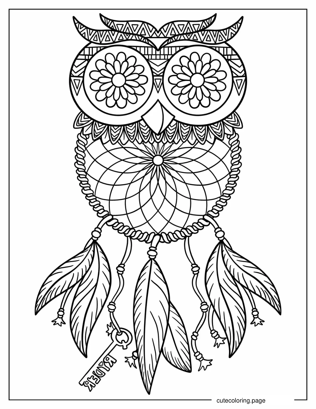 Owl Mandala Dreamcatcher Coloring Sheet coloring page