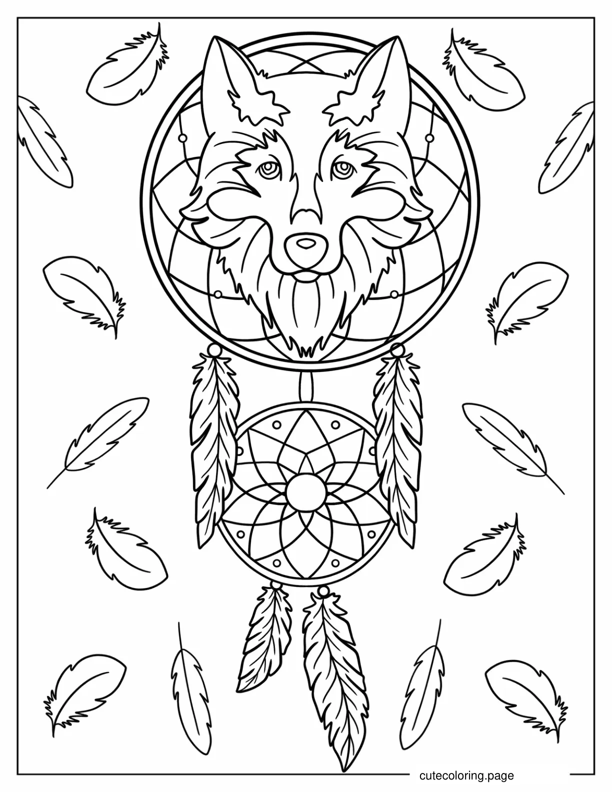 Wolf Dreamcatcher With Feather Background coloring page