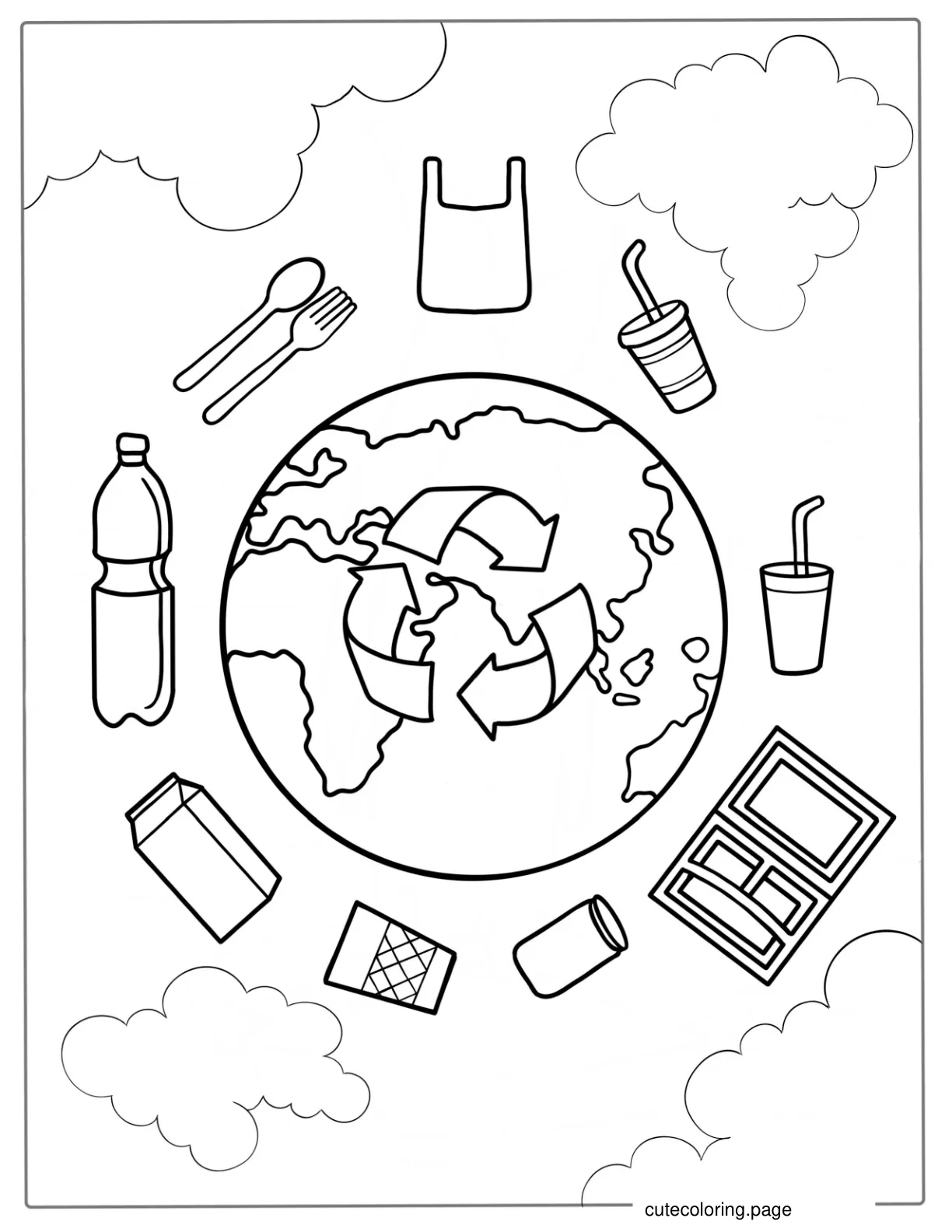 Earth With Recycling Logo And Items Coloring Page coloring page