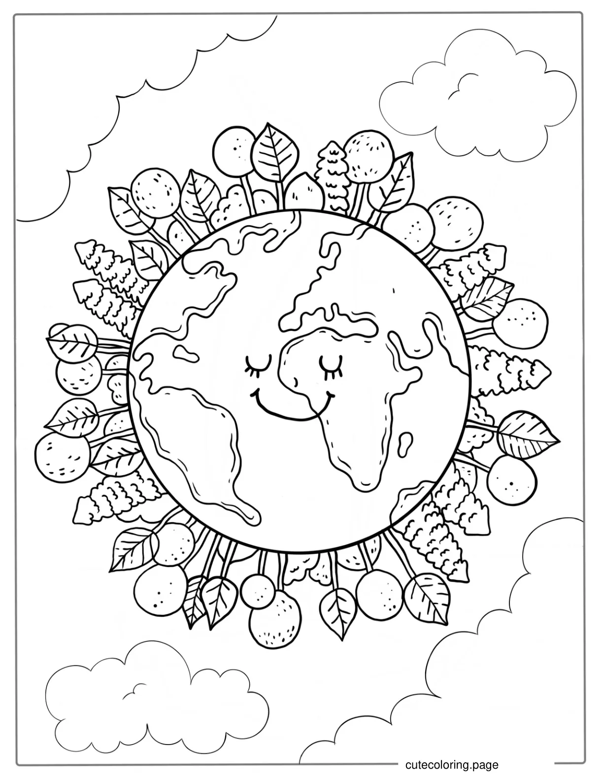 Smiling Earth Surrounded By Trees coloring page