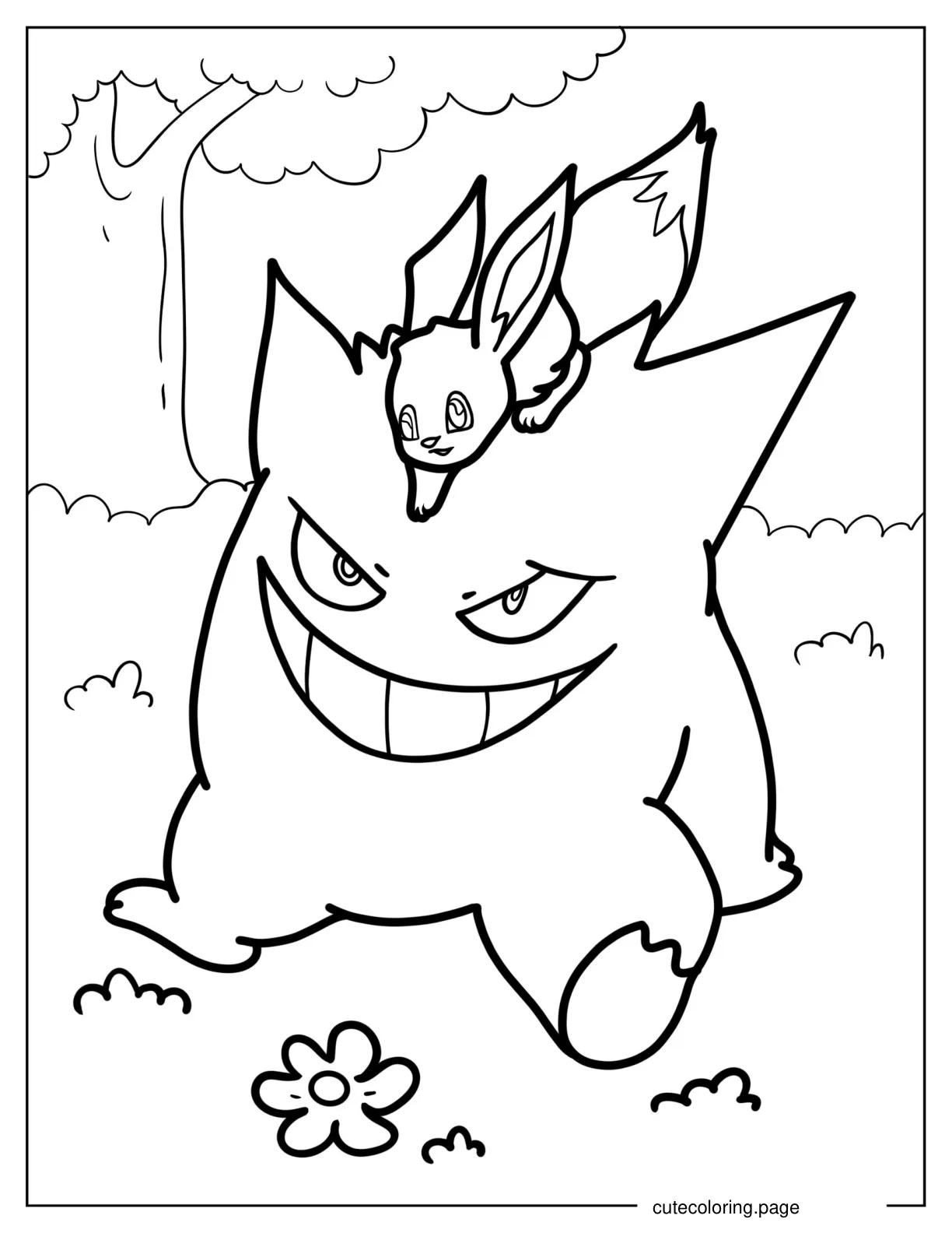 Coloring Page Of Little Eevee Playing With Gengar coloring page