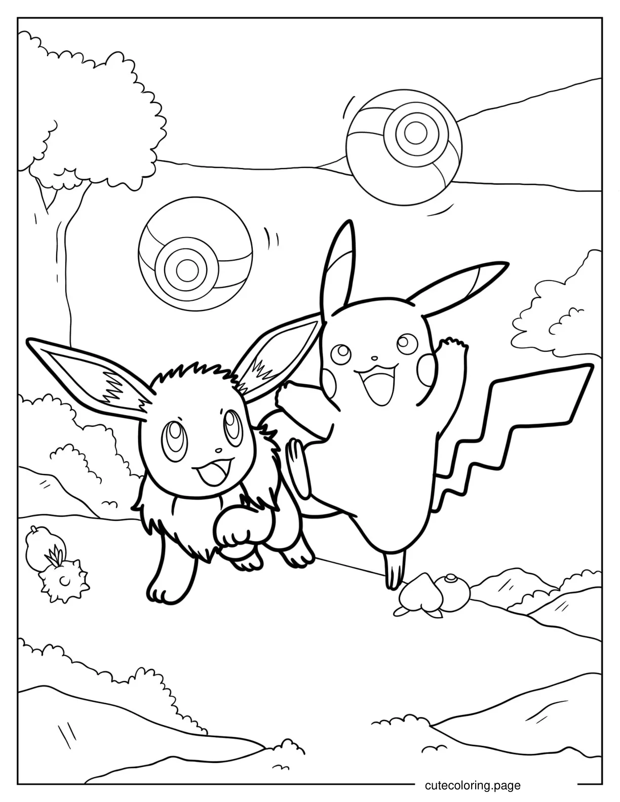 Coloring Sheet Of Eevee Playing With Pikachu coloring page