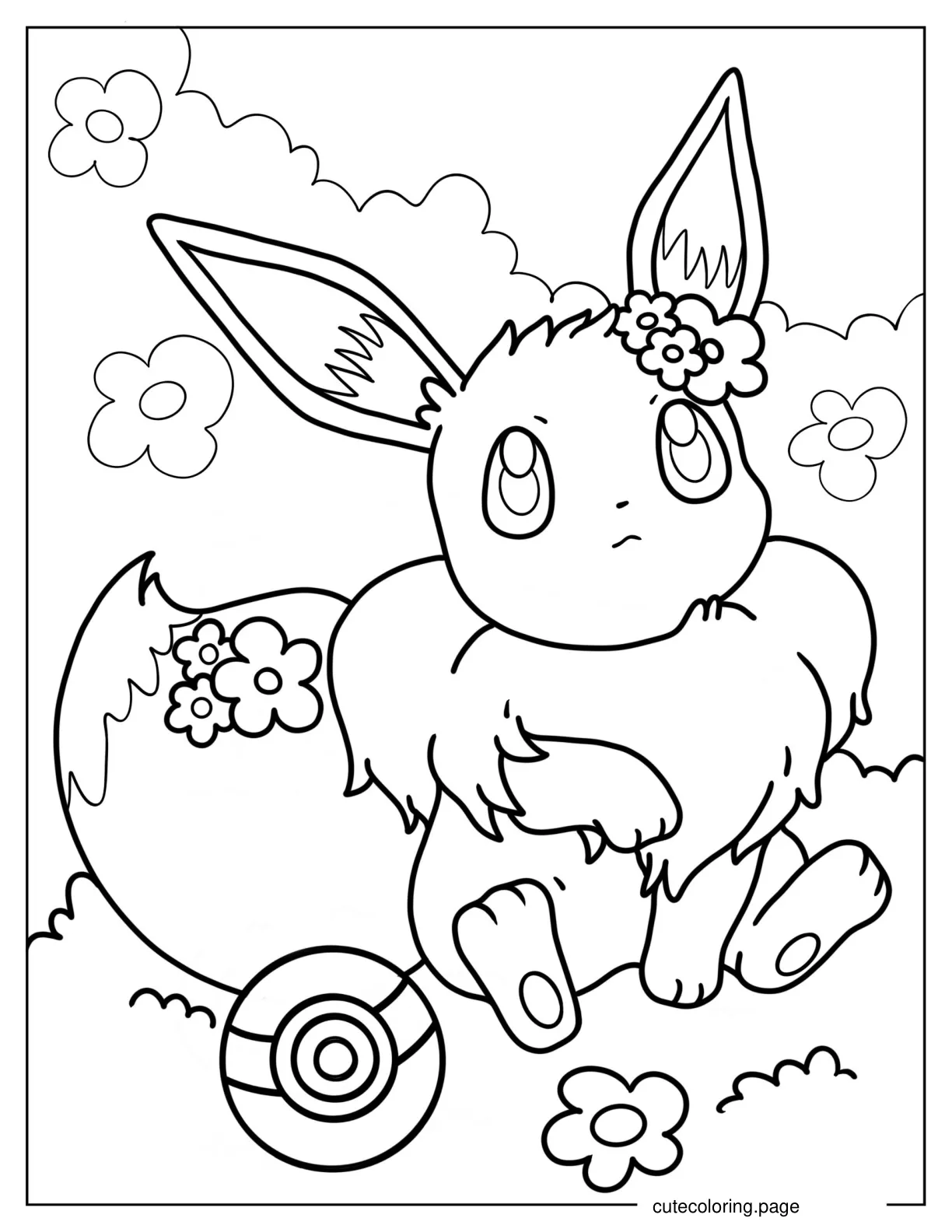 Cute Eevee With Flowers Coloring Sheet coloring page