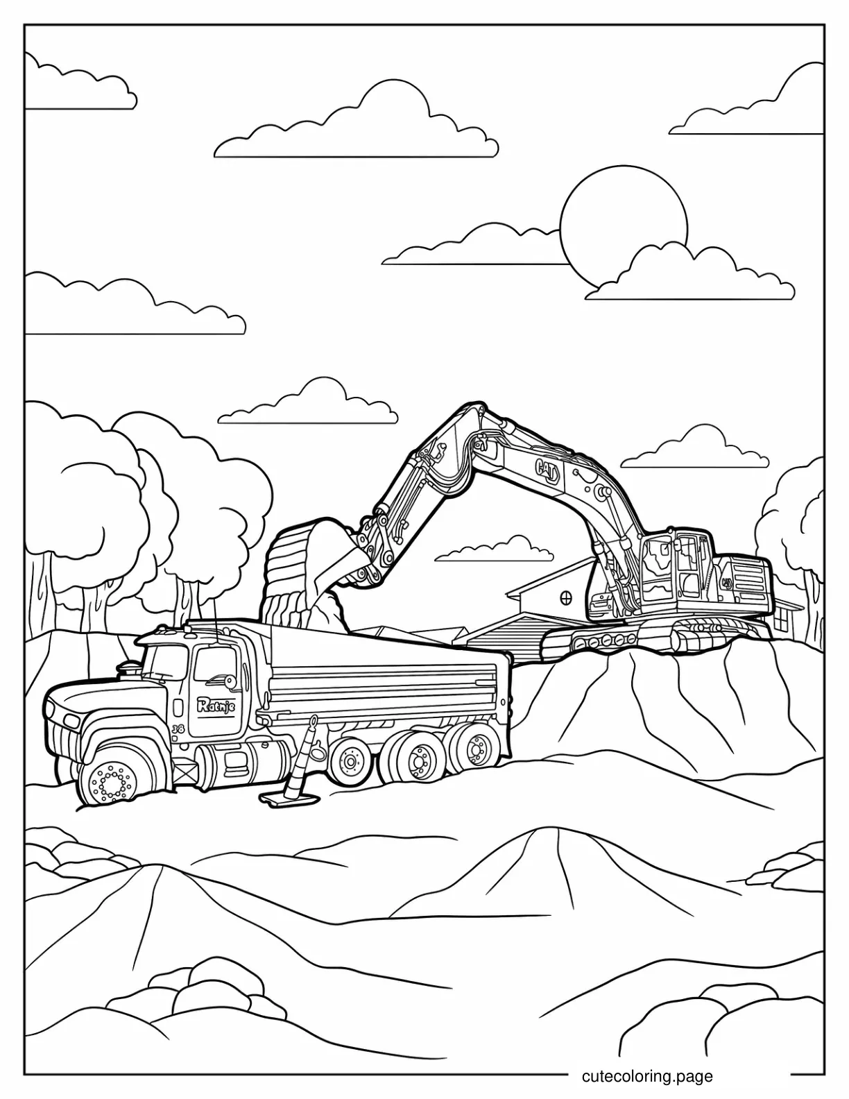 Excavator Scooping Soil Into Truck coloring page