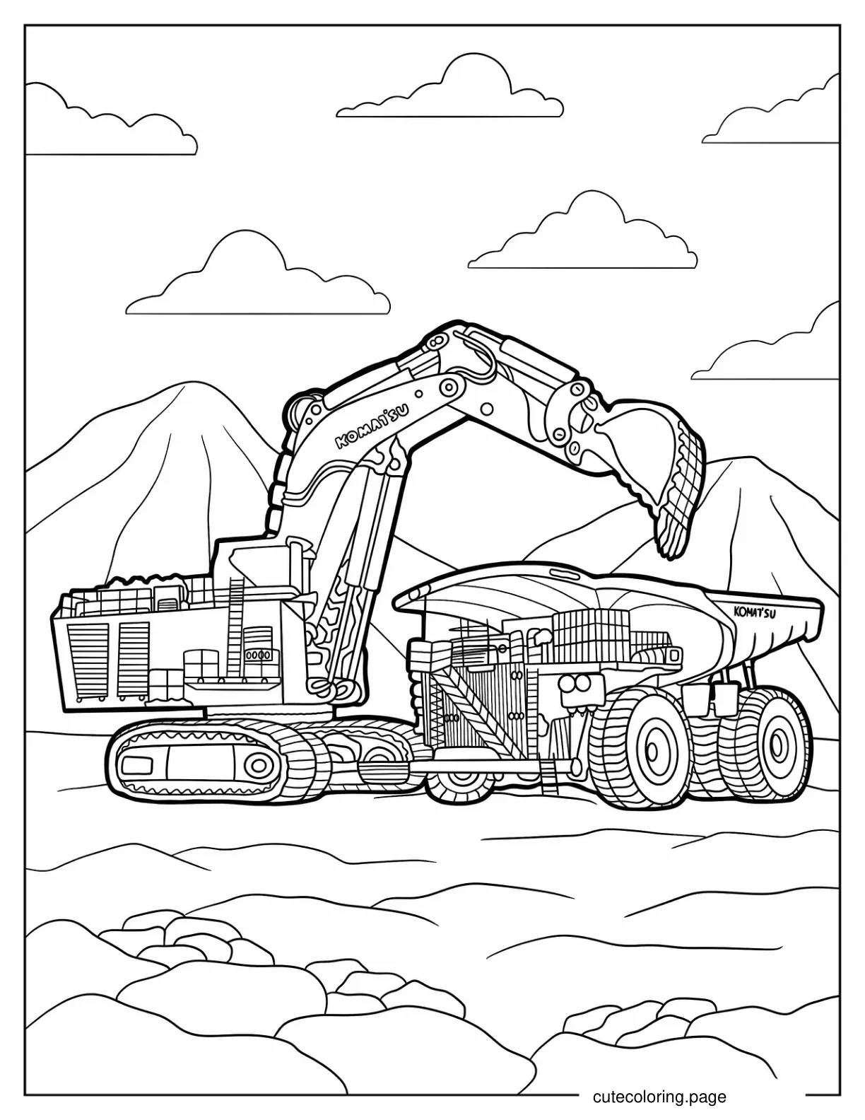 Large Excavator Moving Its Bucket Over Dump Truck coloring page