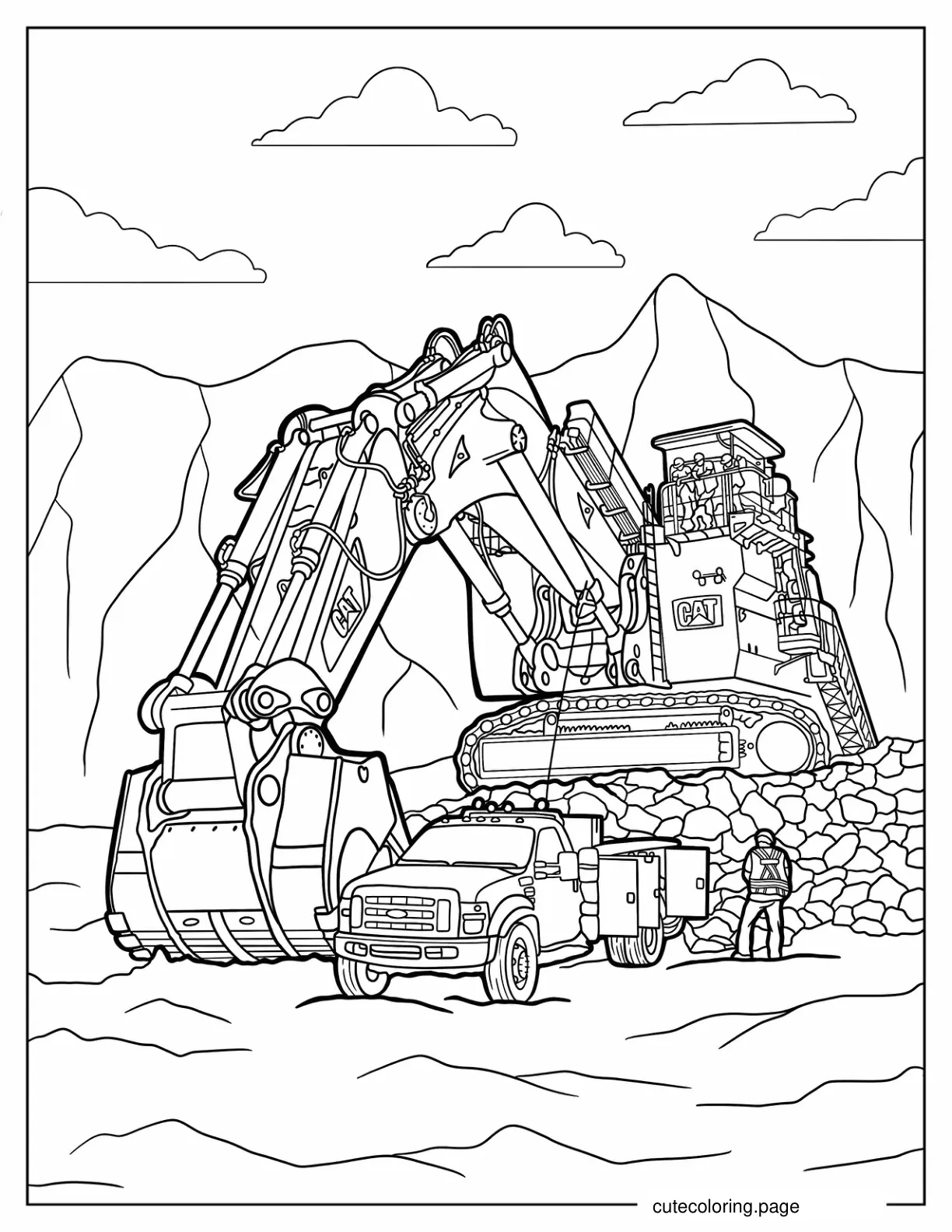 Large Mining CAT Excavator With Bucket To Color coloring page