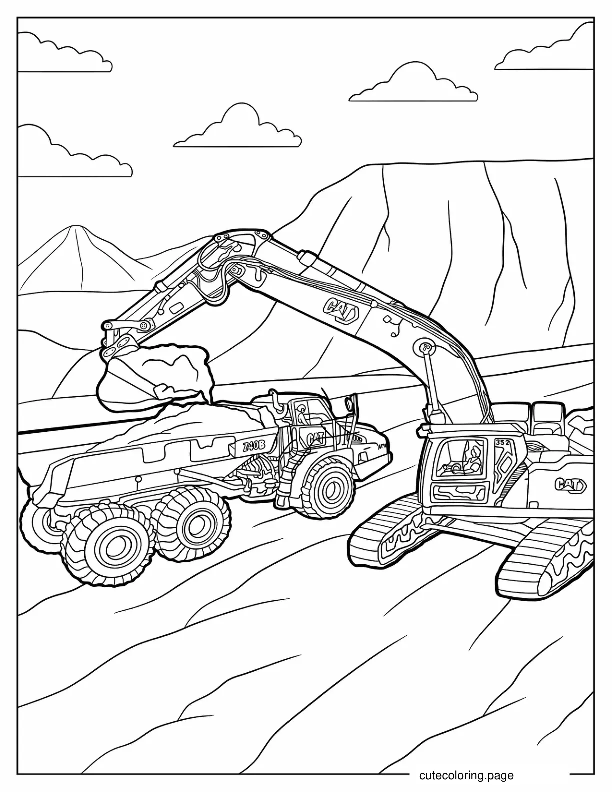 Mining Excavator Dumping Rocks Onto Truck coloring page