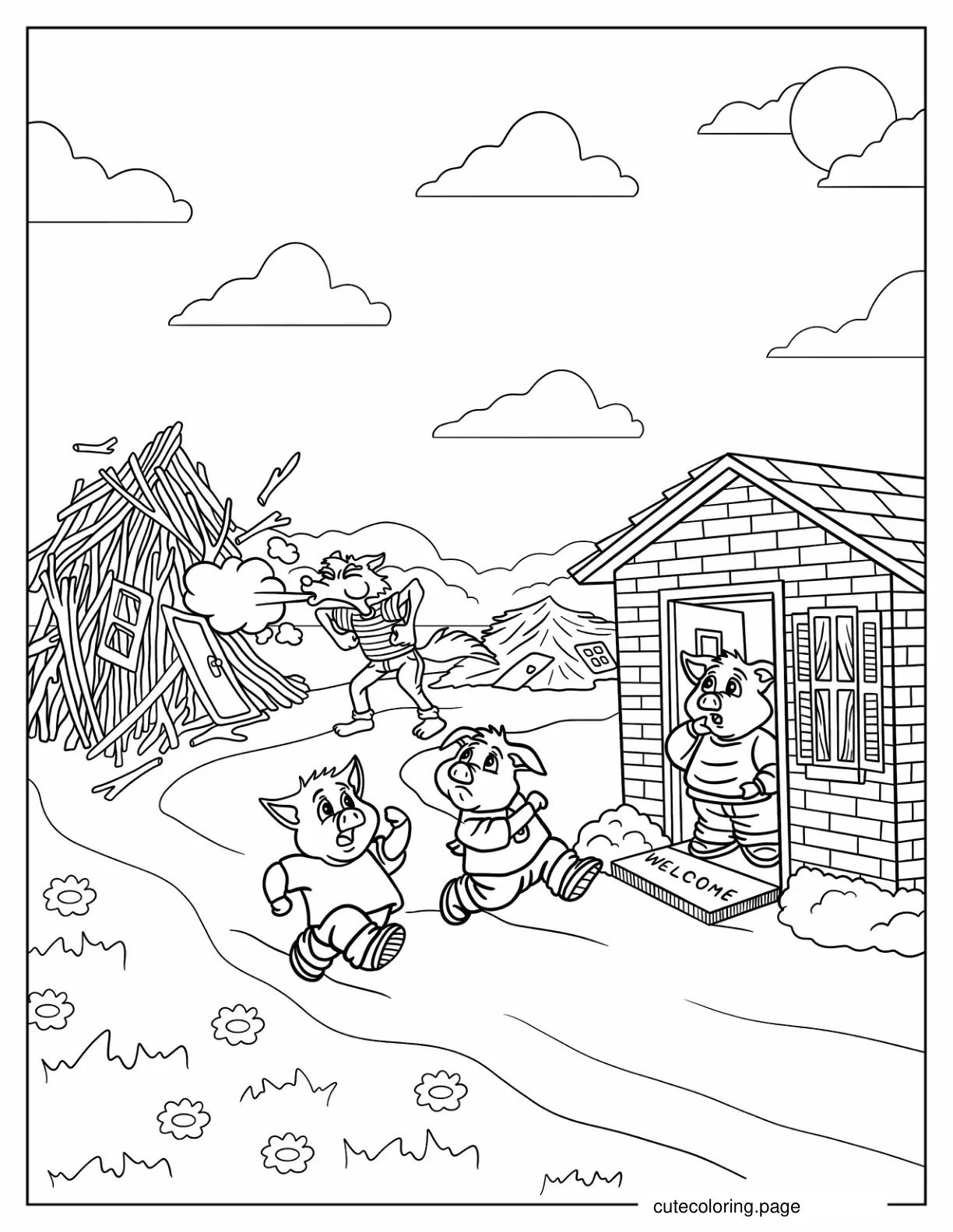 Big Bad Wolf Blowing Down Stick House Coloring In coloring page