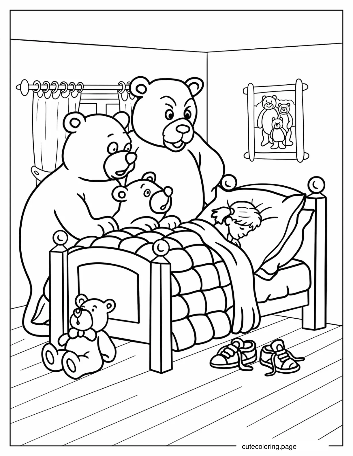 Three Bears Watching Goldilocks Sleeping coloring page