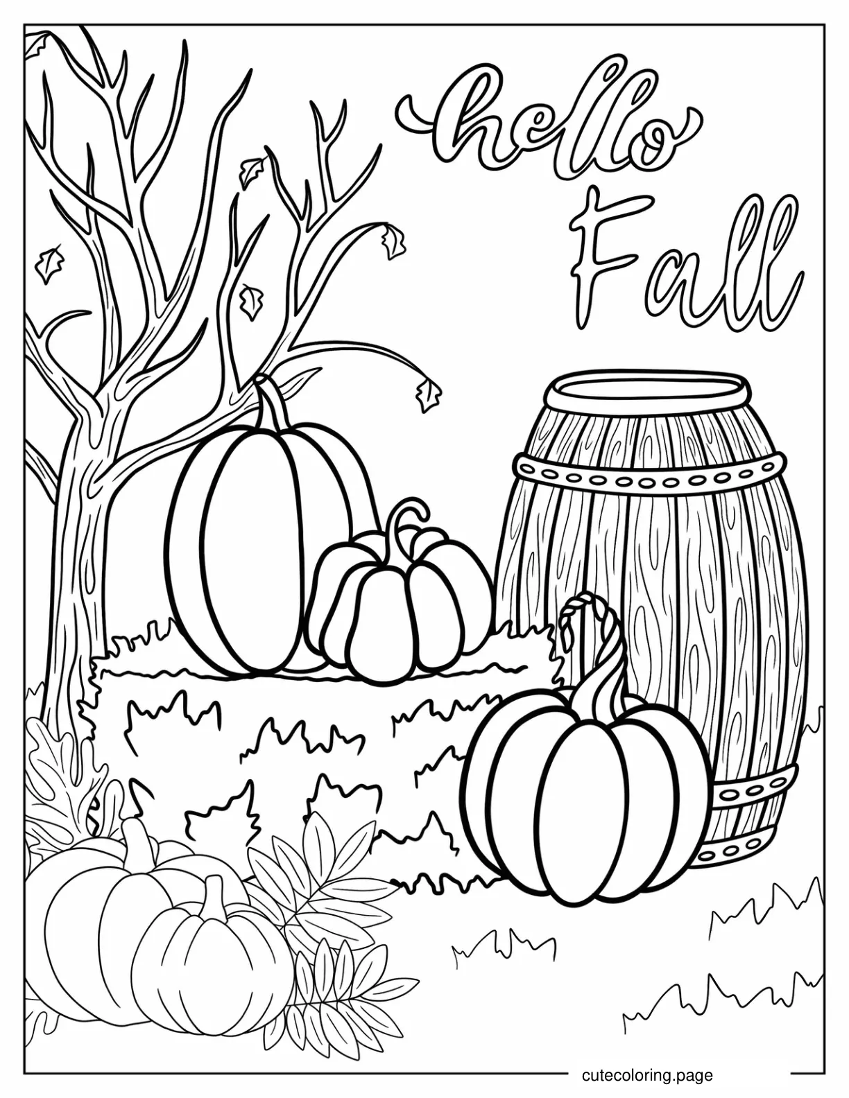 Autumn Scenery Of Pumpkins And Wooden Barrel coloring page