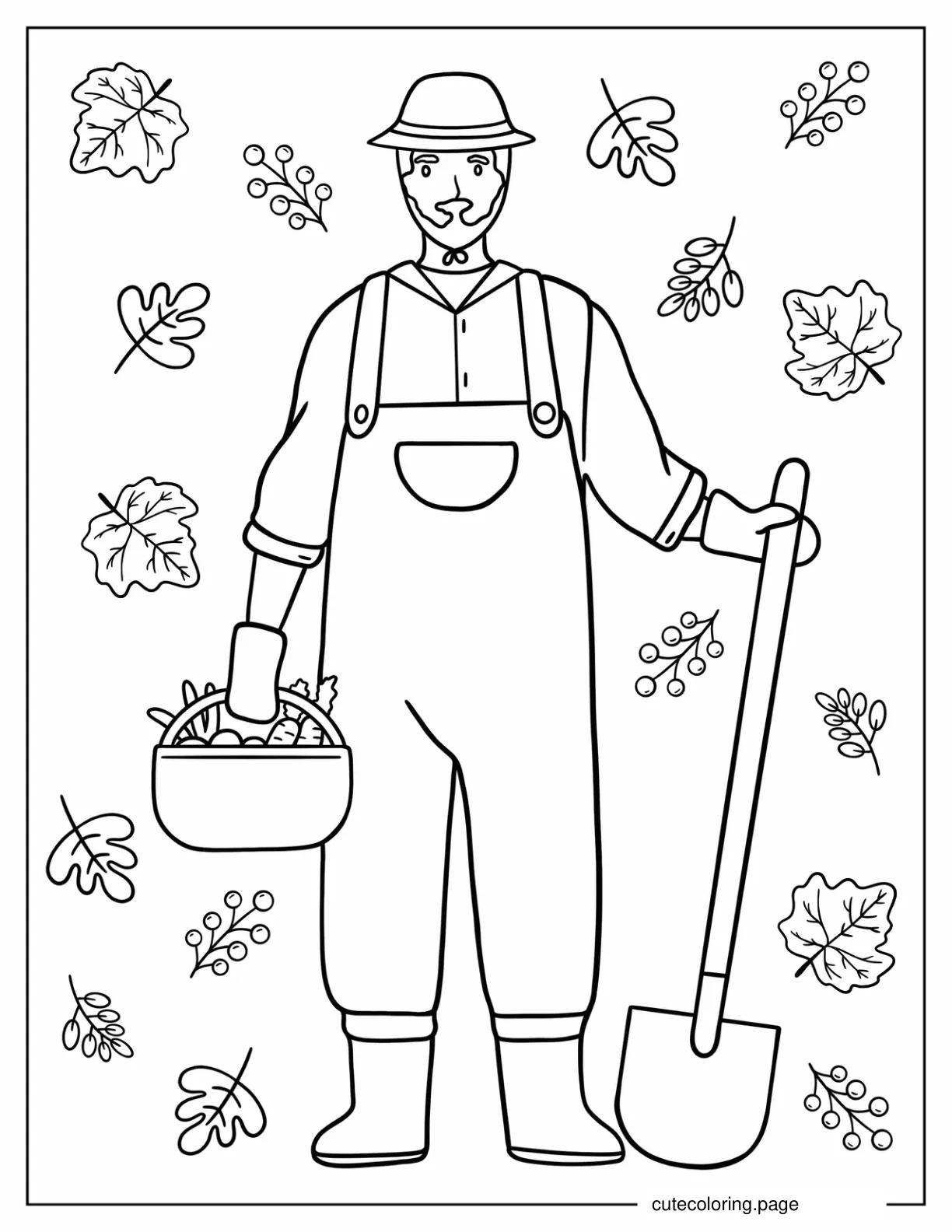 Coloring Page Of Man Holding Vegetable Basket And Shovel In Autumn coloring page