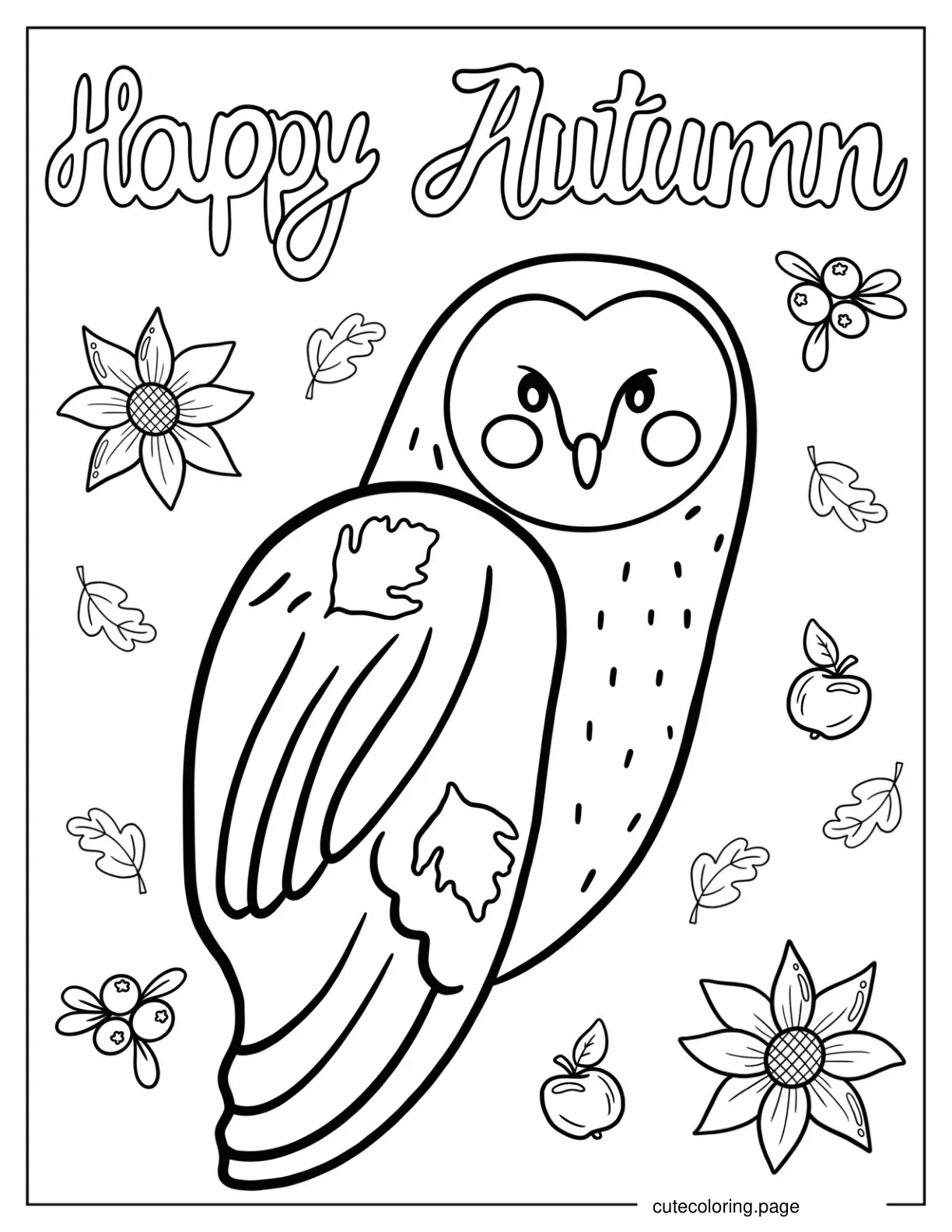 Coloring Sheet Of Owl With Fall Leaves coloring page