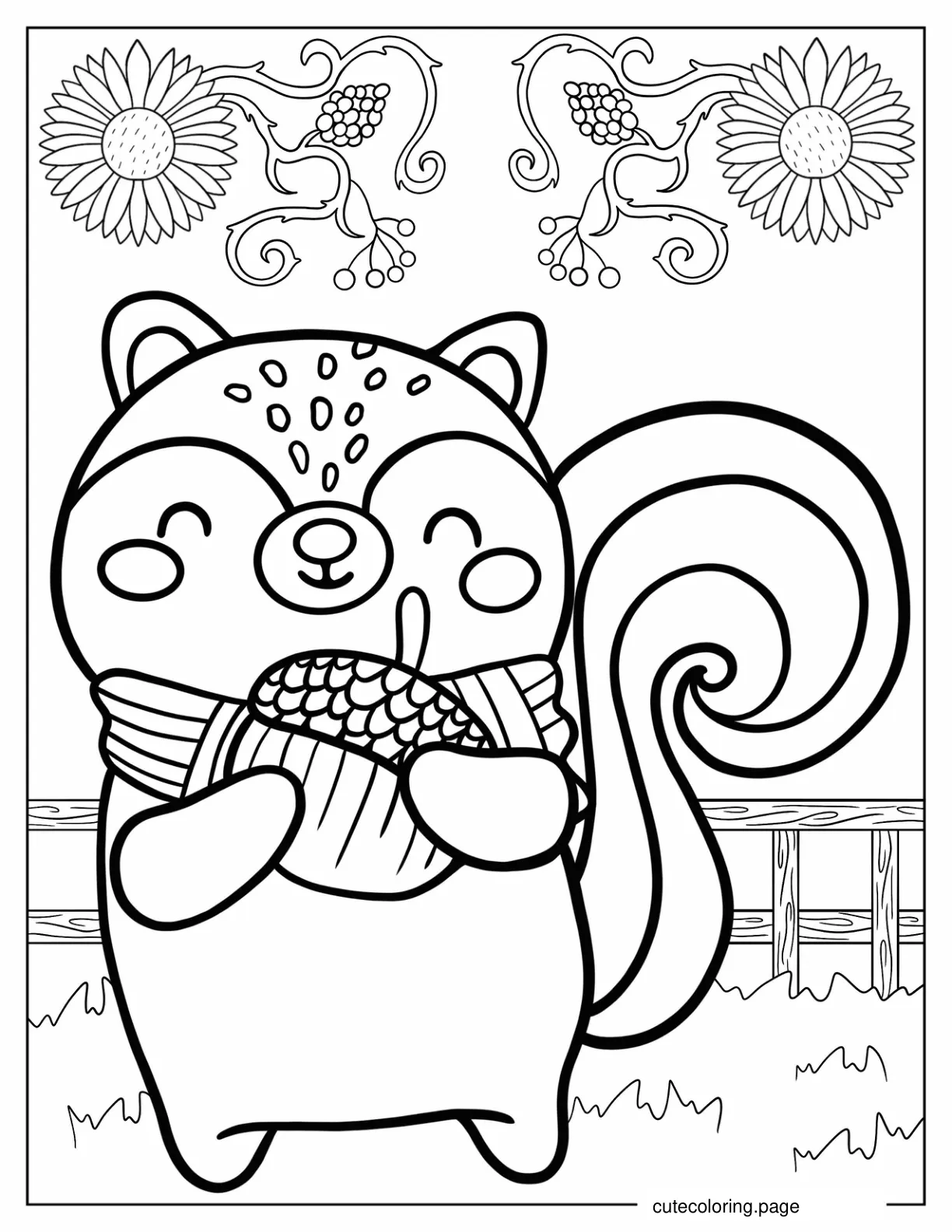 Cute Cartoon Squirrel Hugging Acorn In Fall coloring page