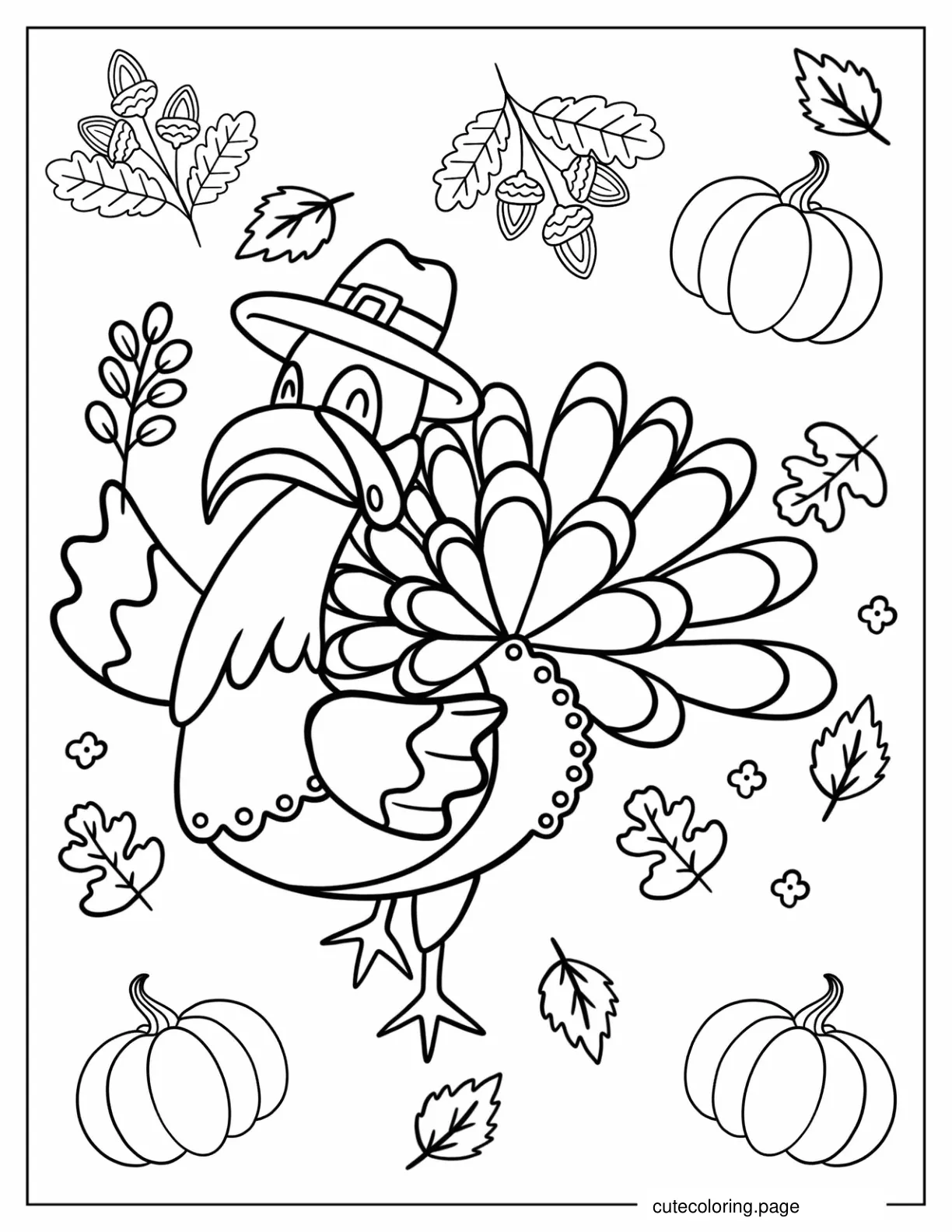 Cute Fall Turkey Wearing Hat Coloring Sheet For Kids coloring page