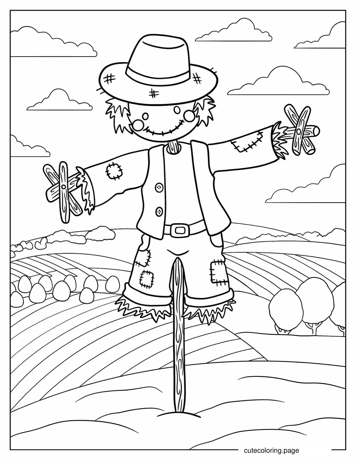 Cute Scarecrow With Hat In The Middle Of A Field coloring page