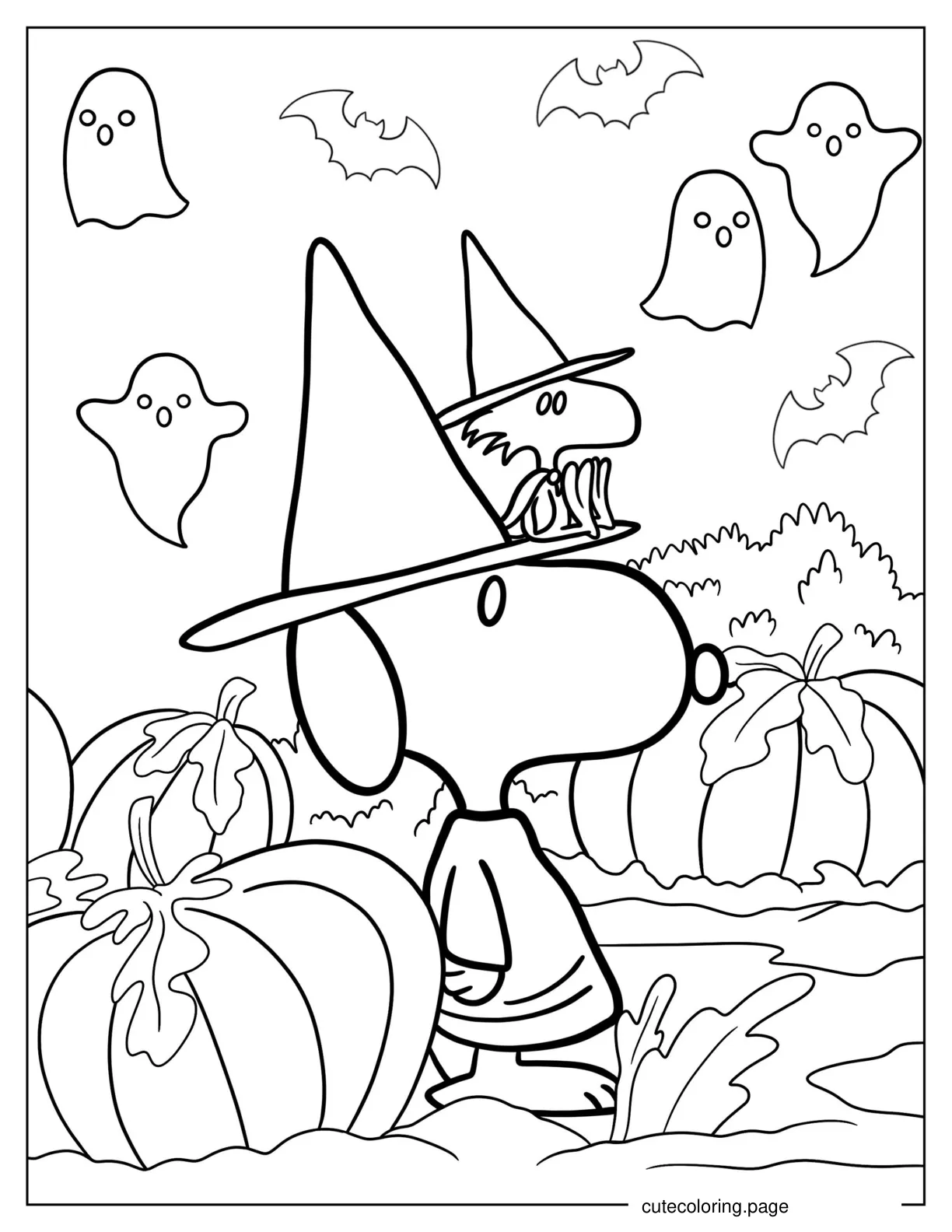 Easy Snoopy Wearing Witch Hat With Woodstock Halloween Coloring Sheet coloring page