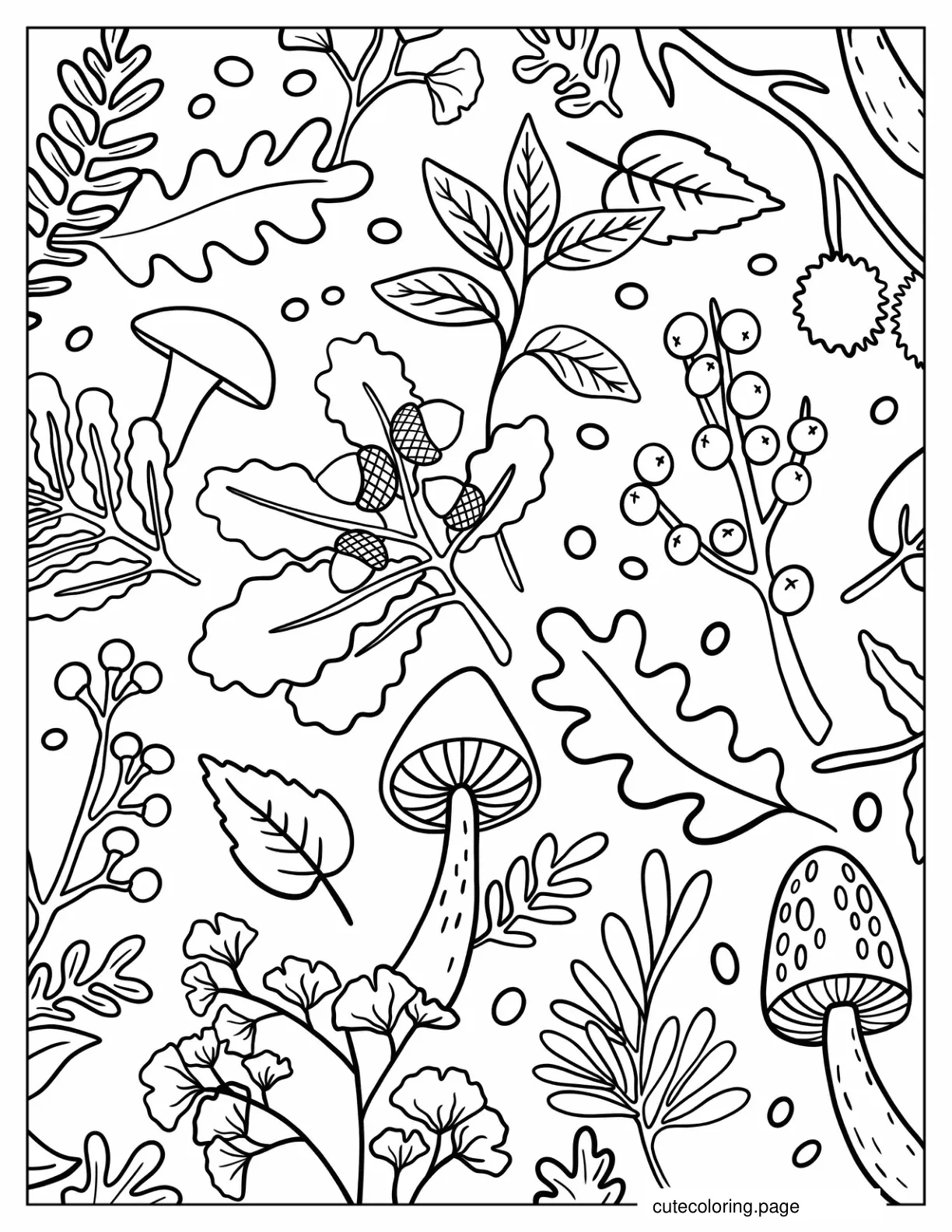 Full Page Autumn Leaves And Mushrooms Coloring Page coloring page