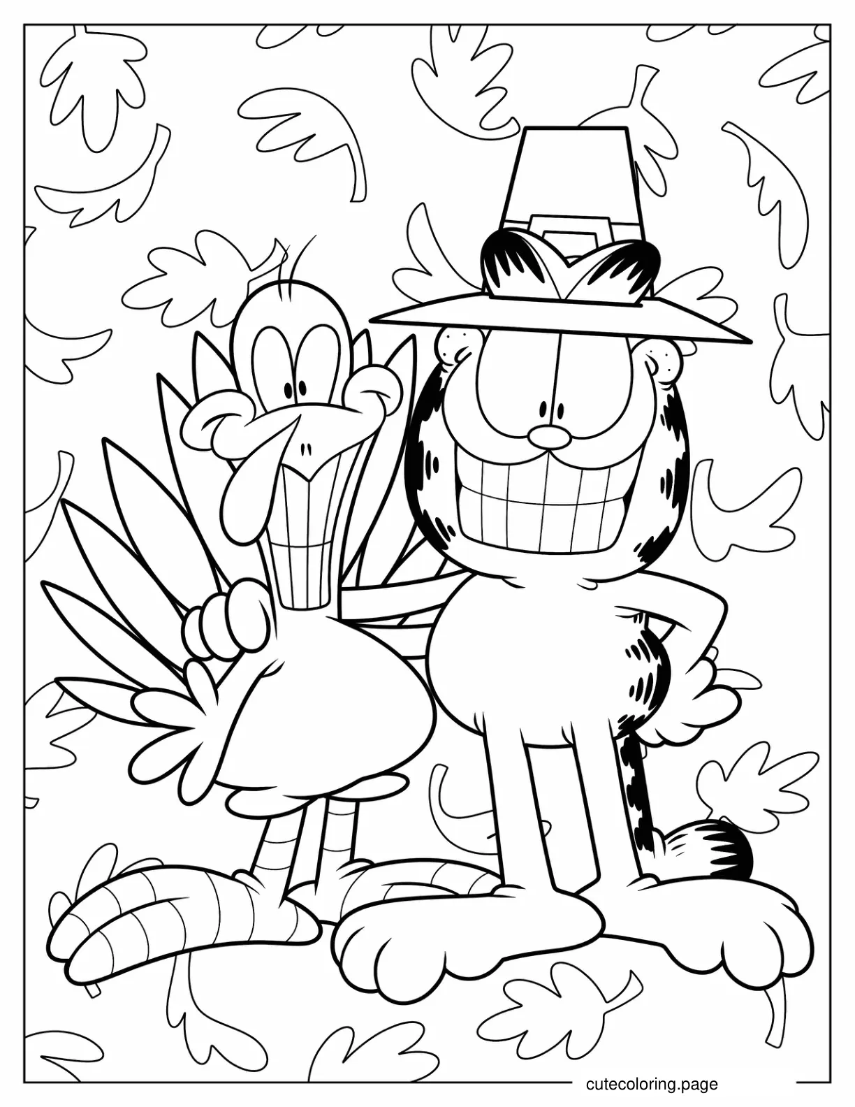 Garfield And Turkey Smiling Wide During Fall Coloring Sheet coloring page