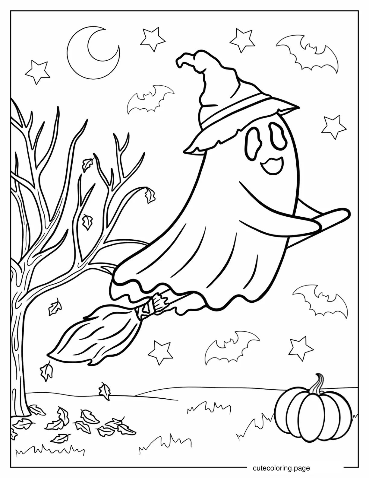 Halloween Ghost On Broom In Autumn Coloring Sheet coloring page