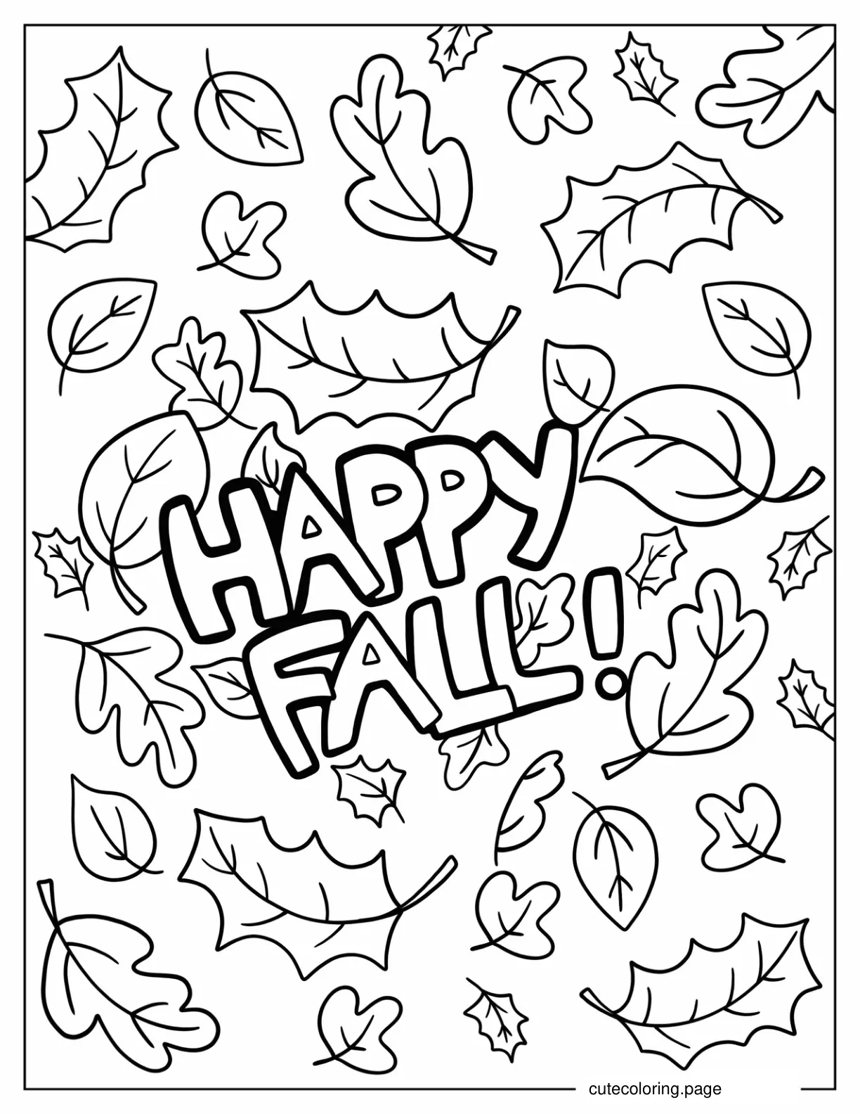 Happy Fall Words In Middle Of Autumn Leaves Coloring Sheet coloring page