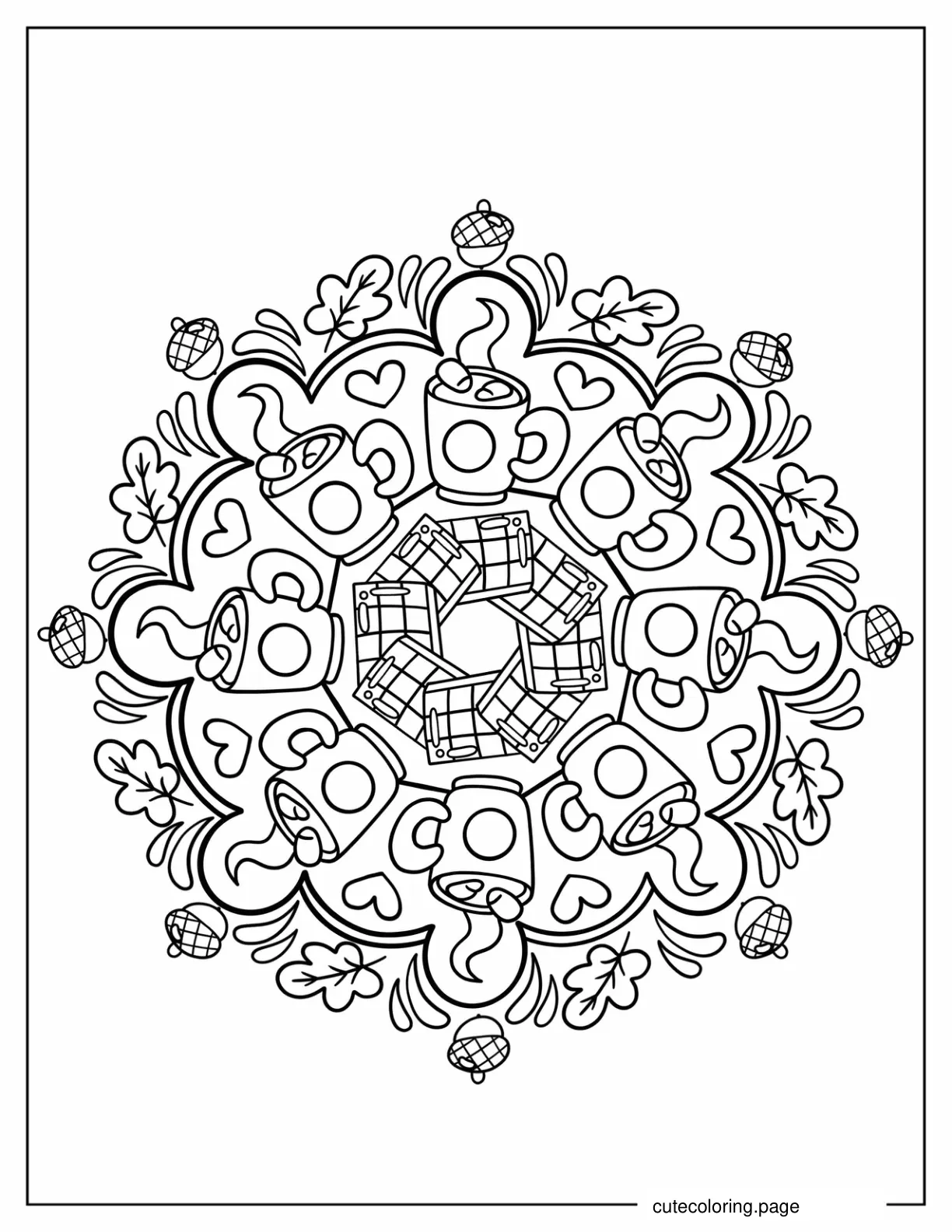 Kawaii Autumn Mandala With Hot Drinks Leaves And Acorns coloring page