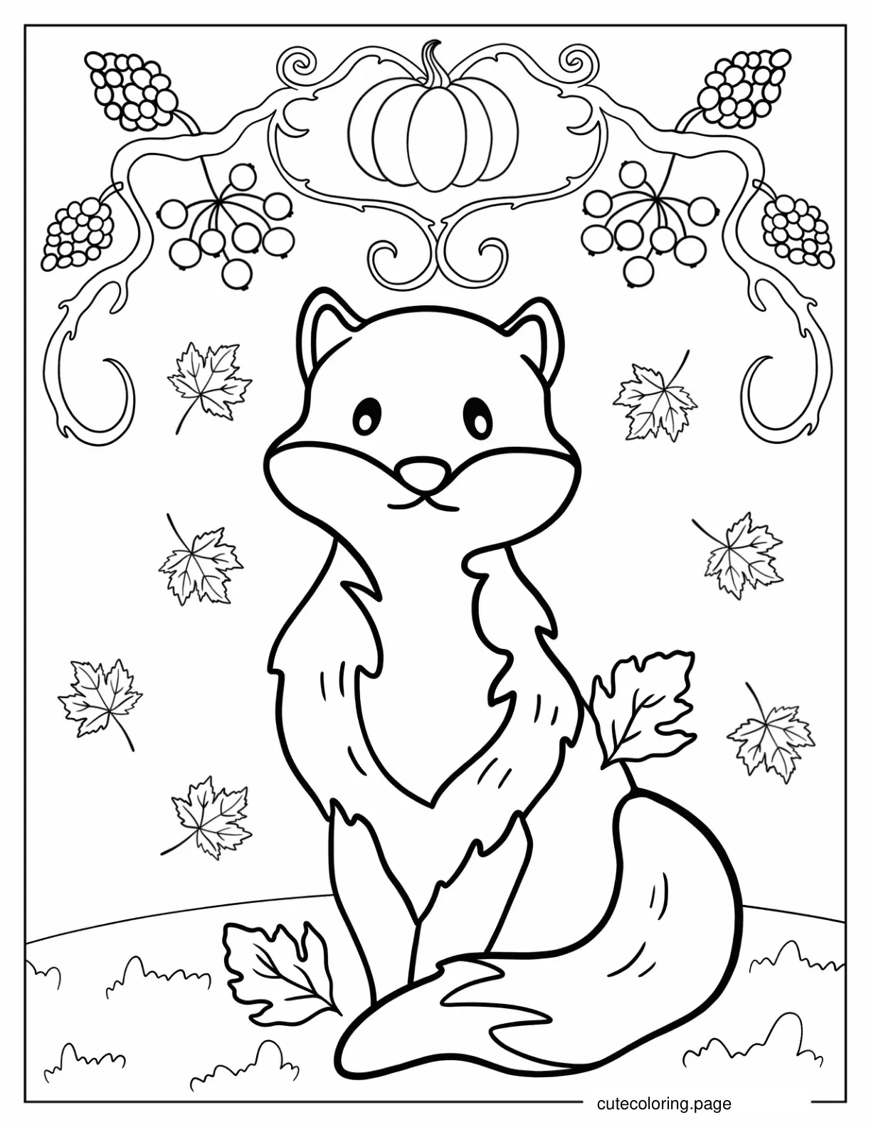 Kawaii Fox In Autumn Coloring Sheet For Kids coloring page