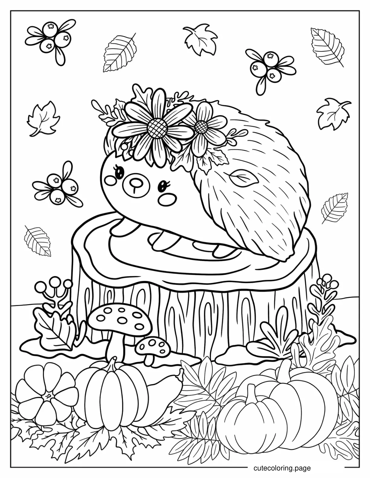 Kawaii Hedgehog With Autumn Leaves Crown coloring page