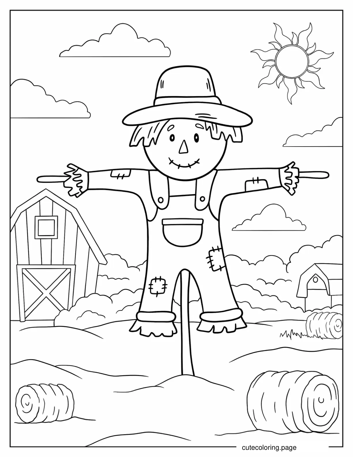 Kawaii Scarecrow In A Farm Coloring Sheet For Kids coloring page