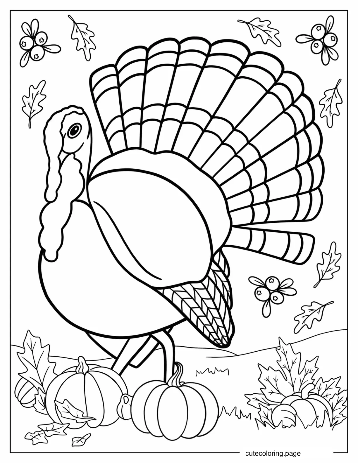 Large Turkey Walking In Field With Pumpkins Coloring Page coloring page