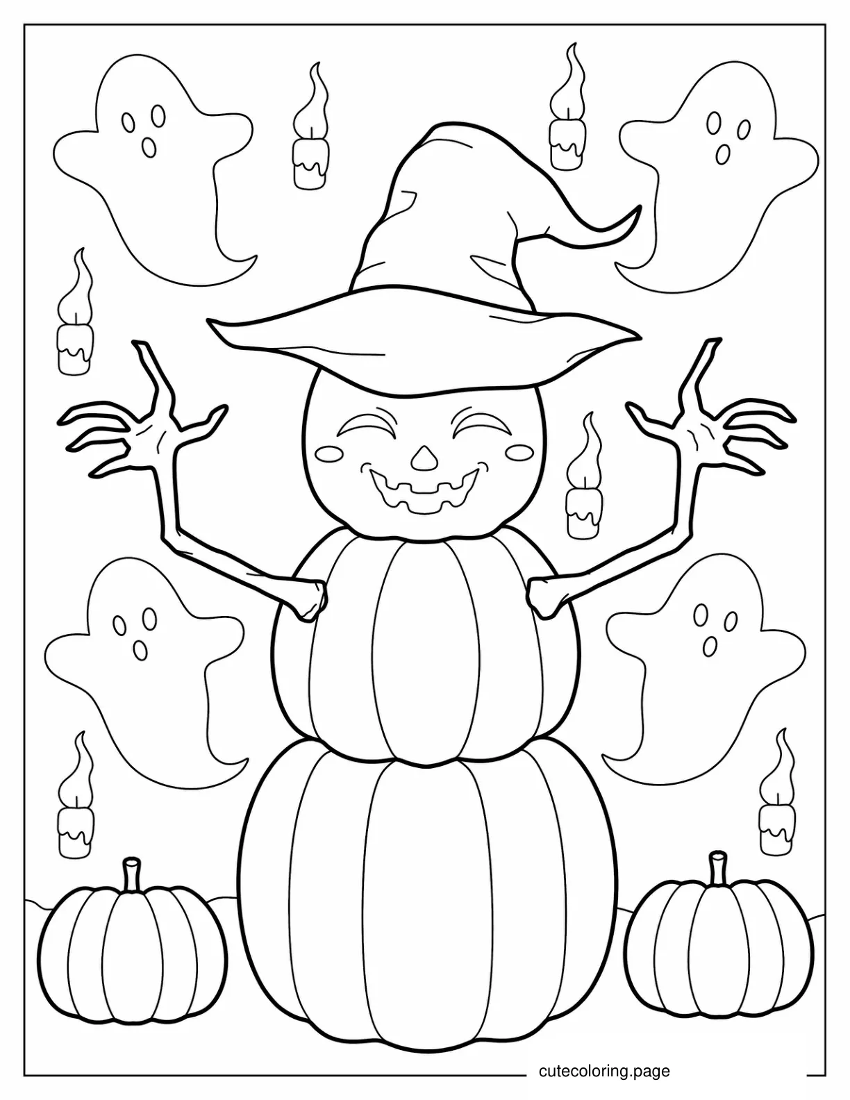 Pumpkin Snowman In Witch_s Hat Fall Coloring Page coloring page