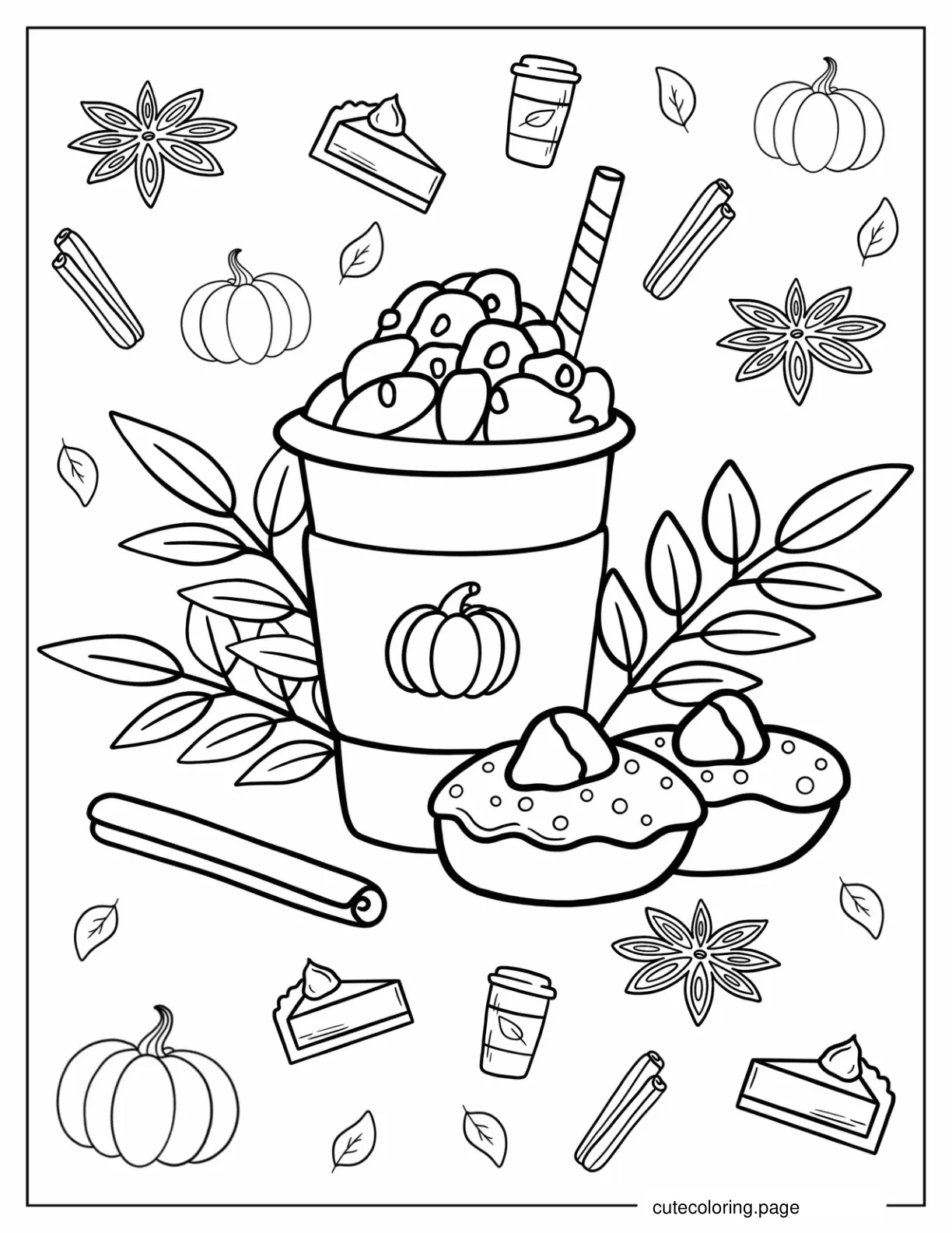 Pumpkin Spice Latte With Pastries In Fall Coloring Sheet coloring page