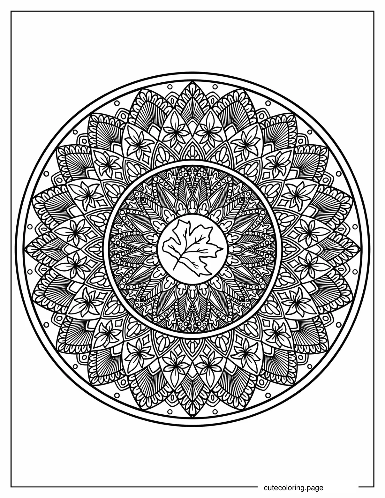 Round Flower Mandala With Autumn Leaf In Center coloring page