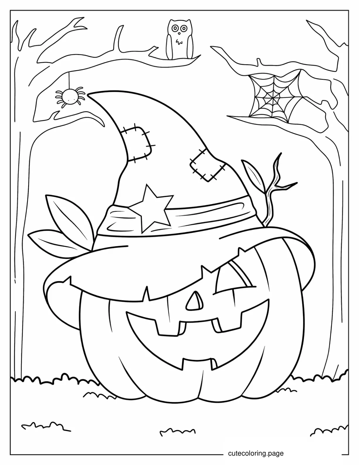 Simple Jack O Lantern Wearing Witch Hat coloring page